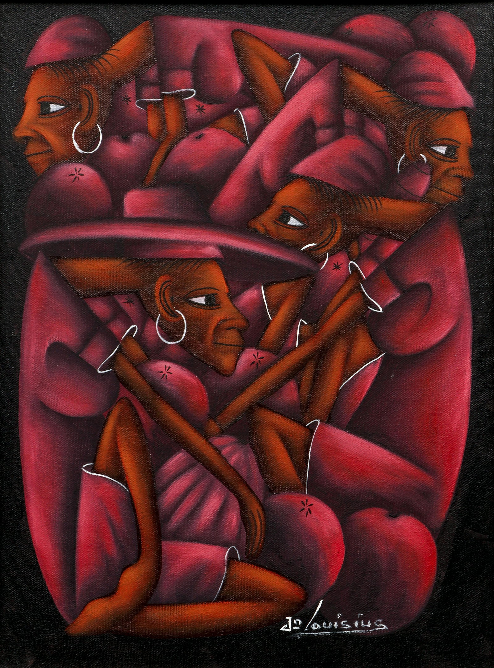 Jean Bruno Louisius Haitian Painting: Louisius, Jean Bruno (Haitian, 20th century), Four Women in Red, acrylic on canvas, signed lower right, 15.5 x 11.5 inches, framed 17.5 x 13.5 inches. Provenance: Galerie Macondo, Haitian Art, Pittsbu