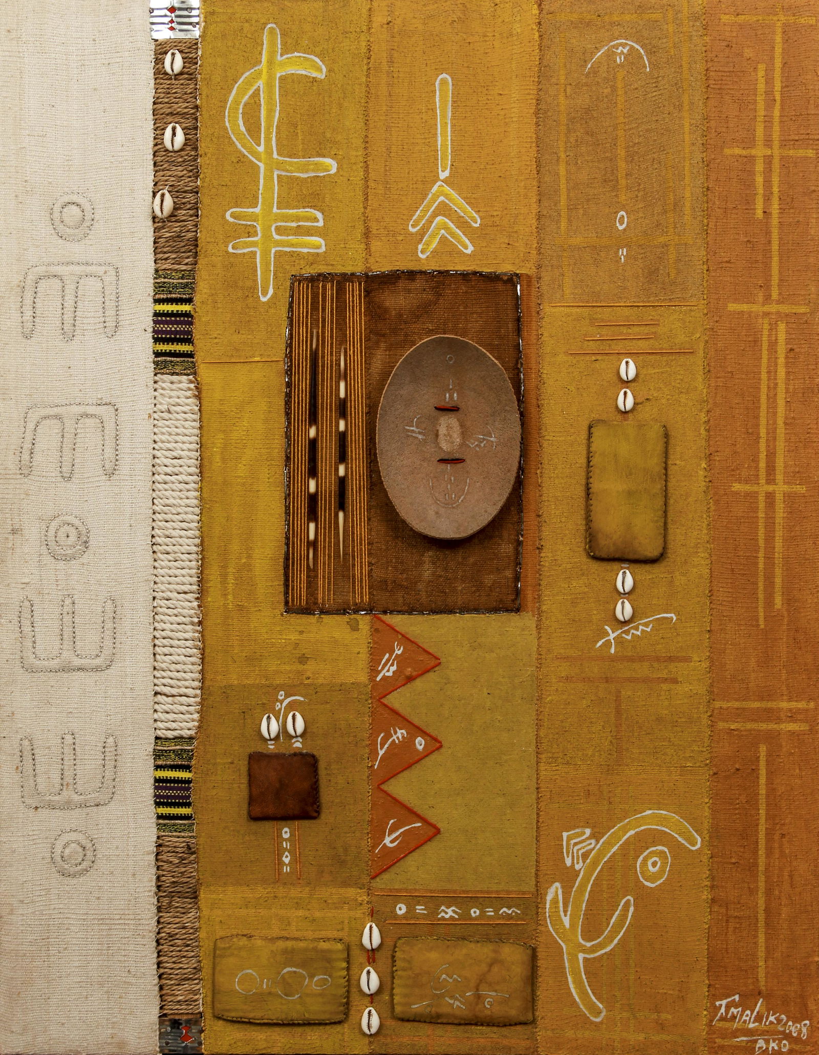 T. Malik L'education d'une fille Mixed Media collage: Malik, T. (Contemporary Malian), L'education d'une fille (mousso mani ka kalan), 2008, oil on mudcloth with elements of metal, wood, and cloth collage, 35.5 x 27.5 inches, signed and dated lower right