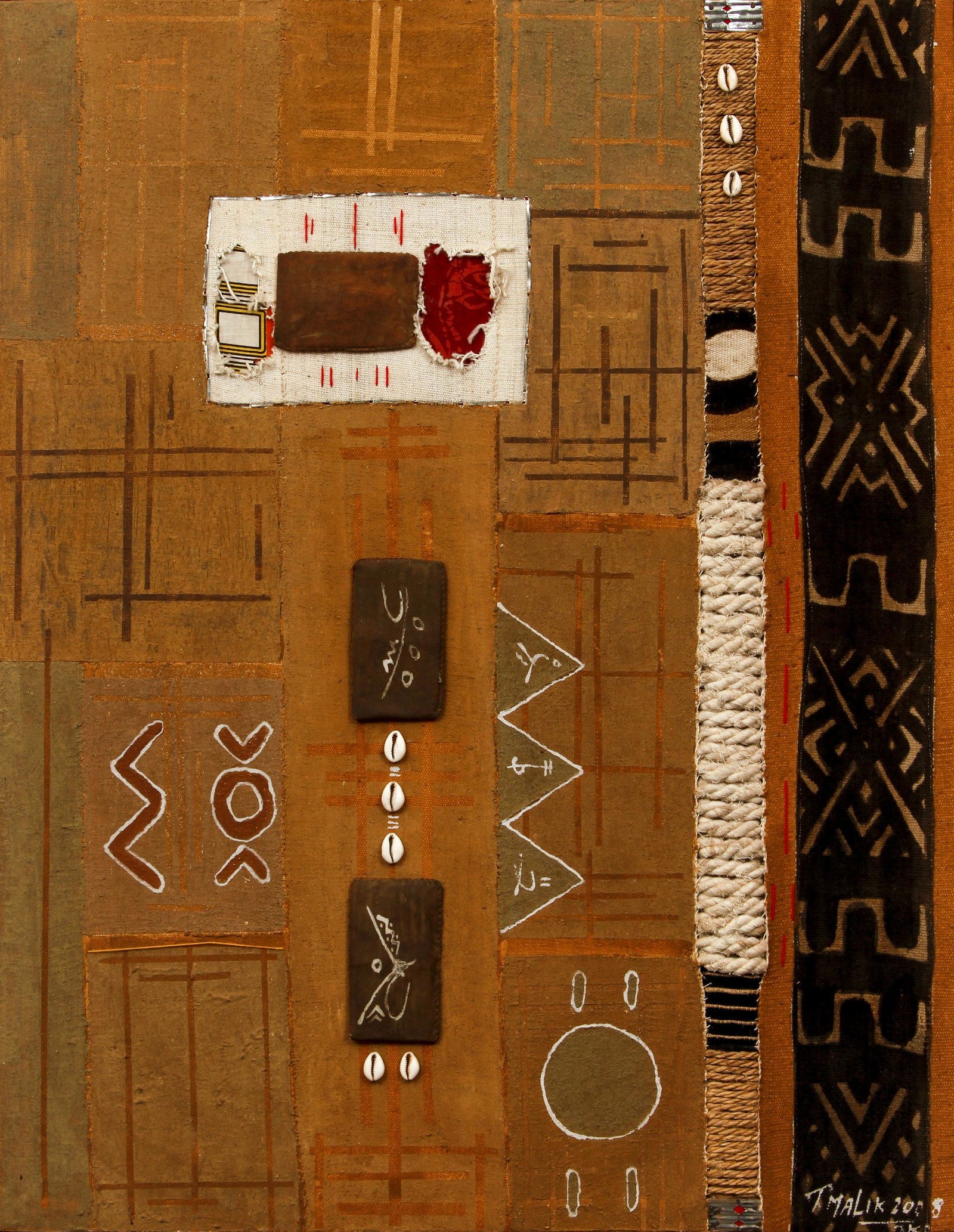 T. Malik Wooden Spoon Mixed Media ptg: Malik, T. (Contemporary Malian), Wooden Spoon, 2008, oil on mudcloth with elements of metal, wood, and cloth collage, 35.5 x 27.5 inches, signed and dated lower right, framed in artist's painted frame