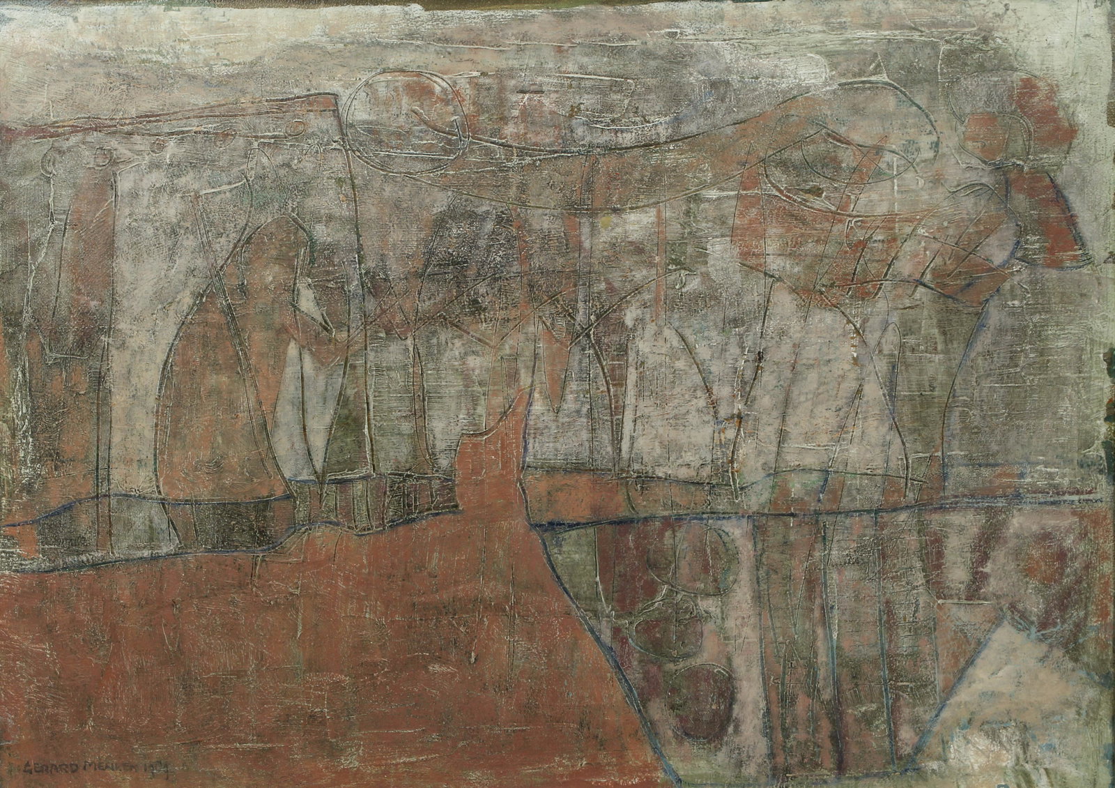 Gerard Menken Procession Oil Painting 1989: Menken, Gerard (Belgian, contemporary), Processie (Boot van Amon) [Procession (Boat from Amon)], 1989, oil on artist's board, signed and dated lower left, additionally titled and signed on reverse, 19