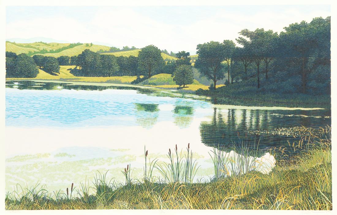 Gordon Mortensen Cattails 1984 Color Woodcut: Mortensen, Gordon (American, b.1938), Cattails, 1984, reduction color woodcut, signed, dated, titled and numbered 119/130 in pencil at bottom, 24 x 37.5 inches, matted and framed 39 x 53 inches.