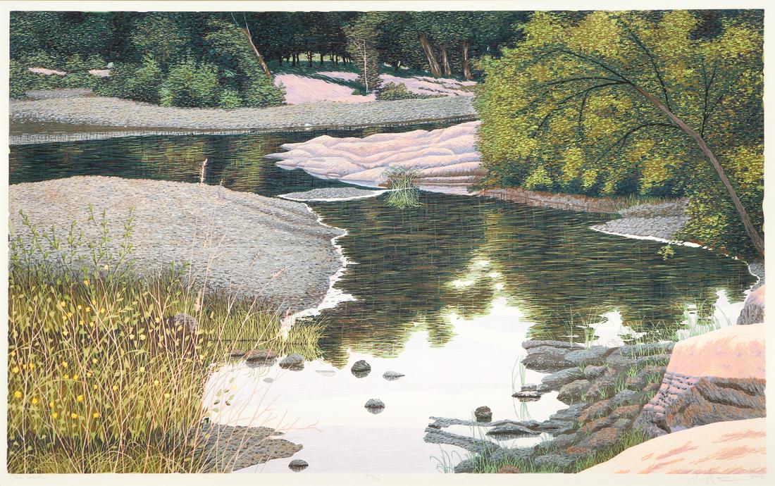 Gordon Mortensen Oak Creek 1984 Color Woodcut: Mortensen, Gordon (American, b.1938), Oak Creek, 1984, reduction color woodcut, signed, dated, titled and numbered 57/130 in pencil at bottom, 22 x 36 inches, matted and framed 34.5 x 47.5 inches.