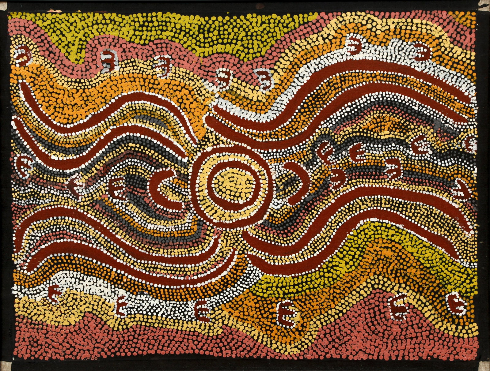 Peggy Poulson Napurrurla Aboriginal Painting: Napurrurla, Peggy Poulson (Australian/Vaughan Springs, b.1927), Untitled, paint and fabric on canvas, artist's name on reverse, 19 x 25 inches, 22.5 x 28.5 inches. "A firm believer in traditional law 