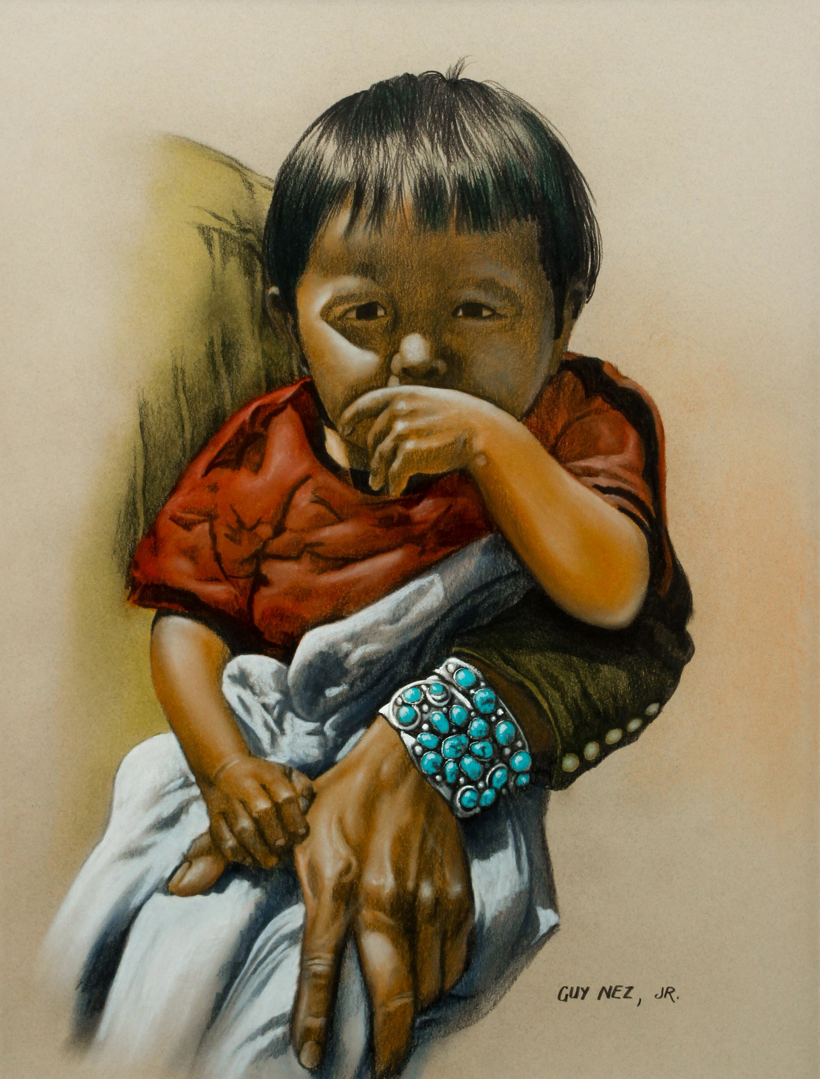 Guy Nez Jr. color pencil drawing Little Navajo Boy: Nez Jr., Guy (Navajo, born 1946), Little Native American Boy, color pencil on grey paper, 23 x 17.5 inches, signed lower right, Provenance: Blackwood Gallery, Pittsburgh, Pa., framed in a burl wood fr