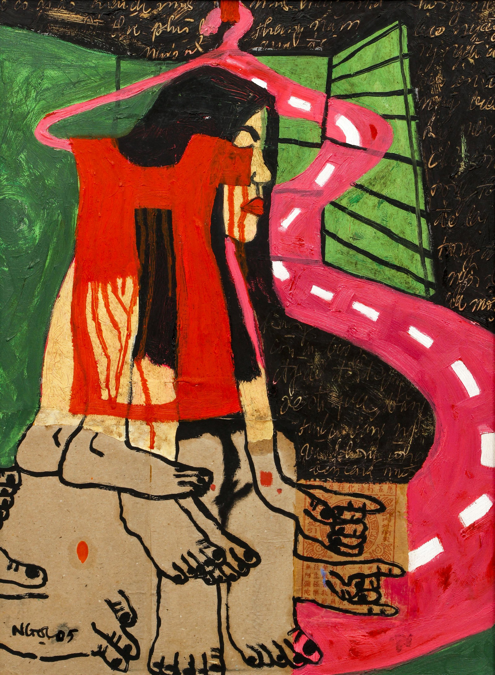 Ngol Vietnamese Figural Painting: Ngol (Contemporary Vietnamese), Woman with Red Dress, 2005, acrylic on canvas, 23 x 17 inches, signed and dated lower left, framed in a black wood frame, measuring 25 x 18.5 inches