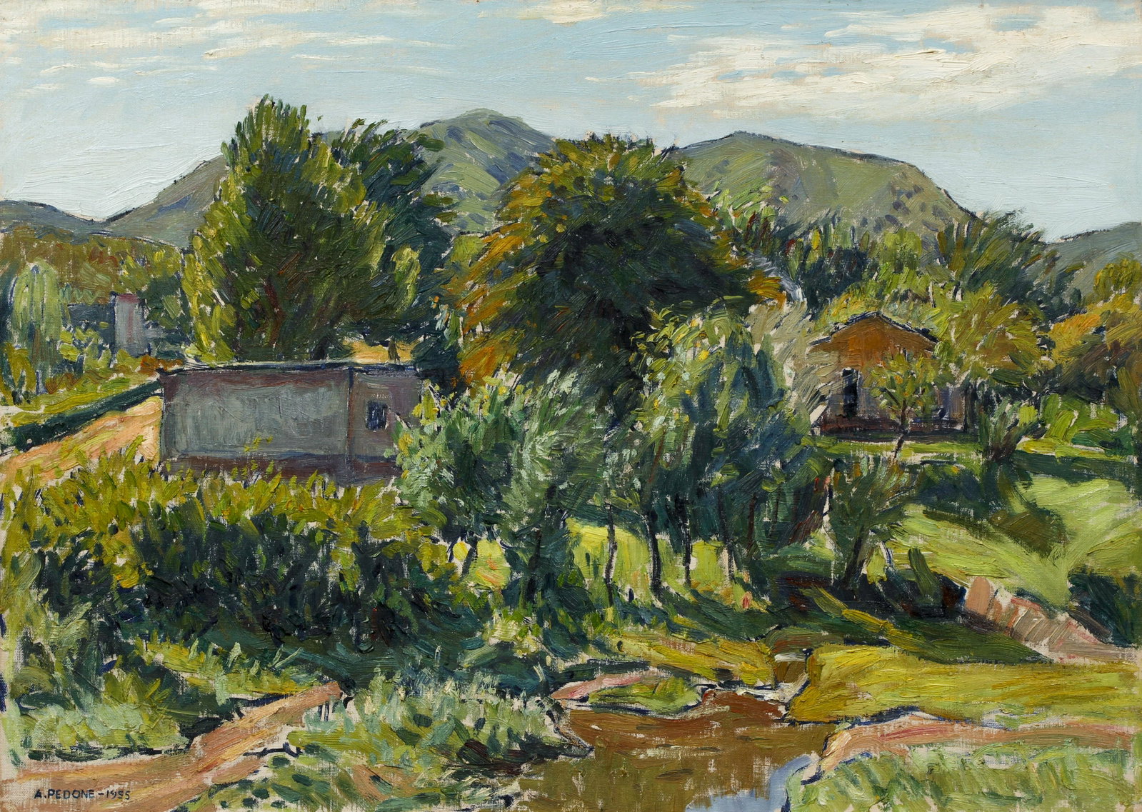 Antonio Pedone Landscape Oil Argentina: Pedone, Antonio (Argentinian, 1899-1973), Paisaje [Landscape], oil on artist's board, 1955, signed and dated lower left, 19 x 27 inches, framed 27 x 34.5 inches. Provenance: purchased from a gallery i