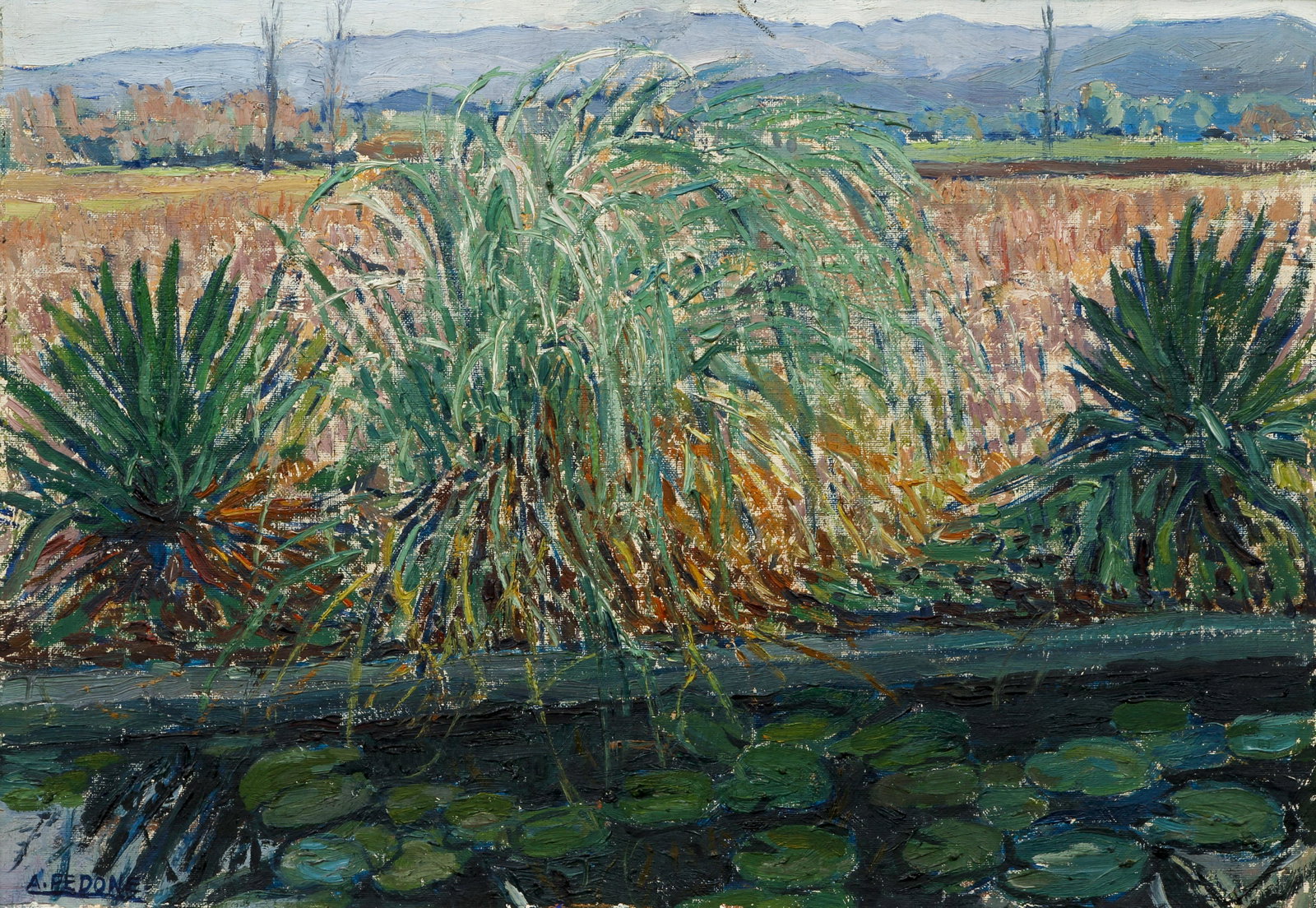 Antonio Pedone Landscape Oil Argentina: Pedone, Antonio (Argentinian, 1899-1973), Paisaje [Landscape], oil on artist's board, mid-20th century, signed lower left, 13.5 x 19.5 inches, framed 23 x 29 inches. Provenance: purchased from Galeria