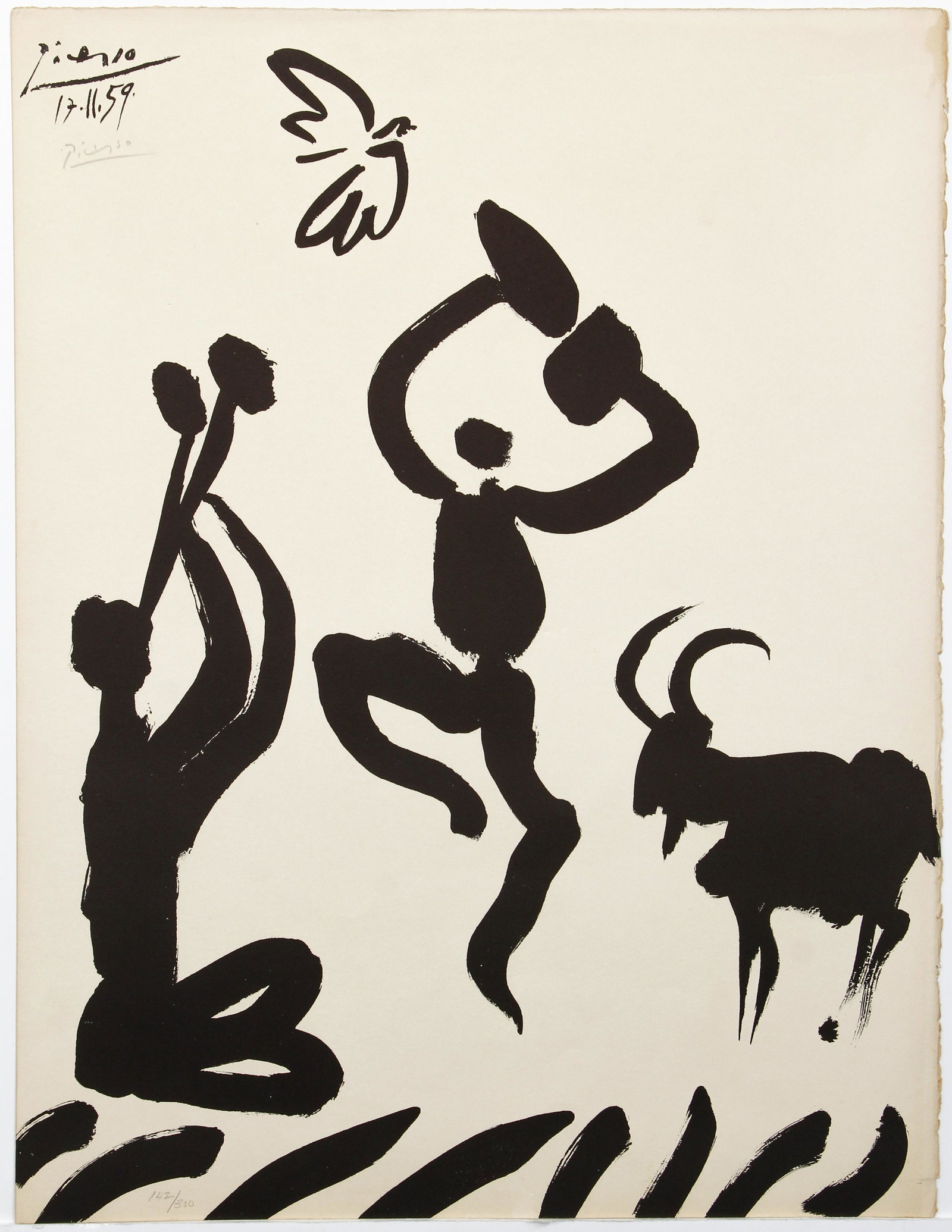 after Picasso 1959 litho La Danse du Berger: Picasso, After Pablo (Spanish, 1881–1973), La Danse du Berger , 1959, lithograph on wove paper, 19.7 x 25.75 inches, signed and dated in the plate upper left corner, also bears pencil signature and 