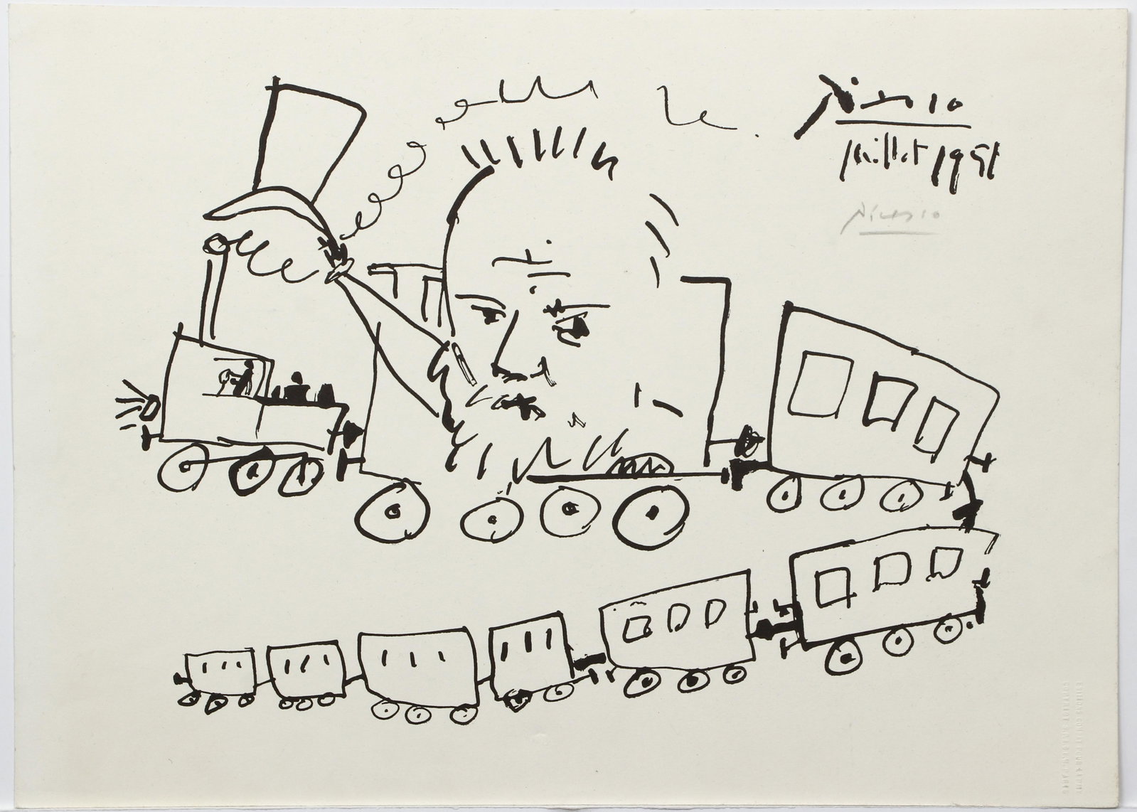 after PICASSO Lithograph Victor Hugo and the Journey: Picasso, After Pablo (Spanish, 1881-1973), VICTOR HUGO ET LE VOYAGE, 1951, lithograph, 12.5 x 17.5 inches, signed and dated in the plate upper right, also bears a pencil signature by an unknown hand,