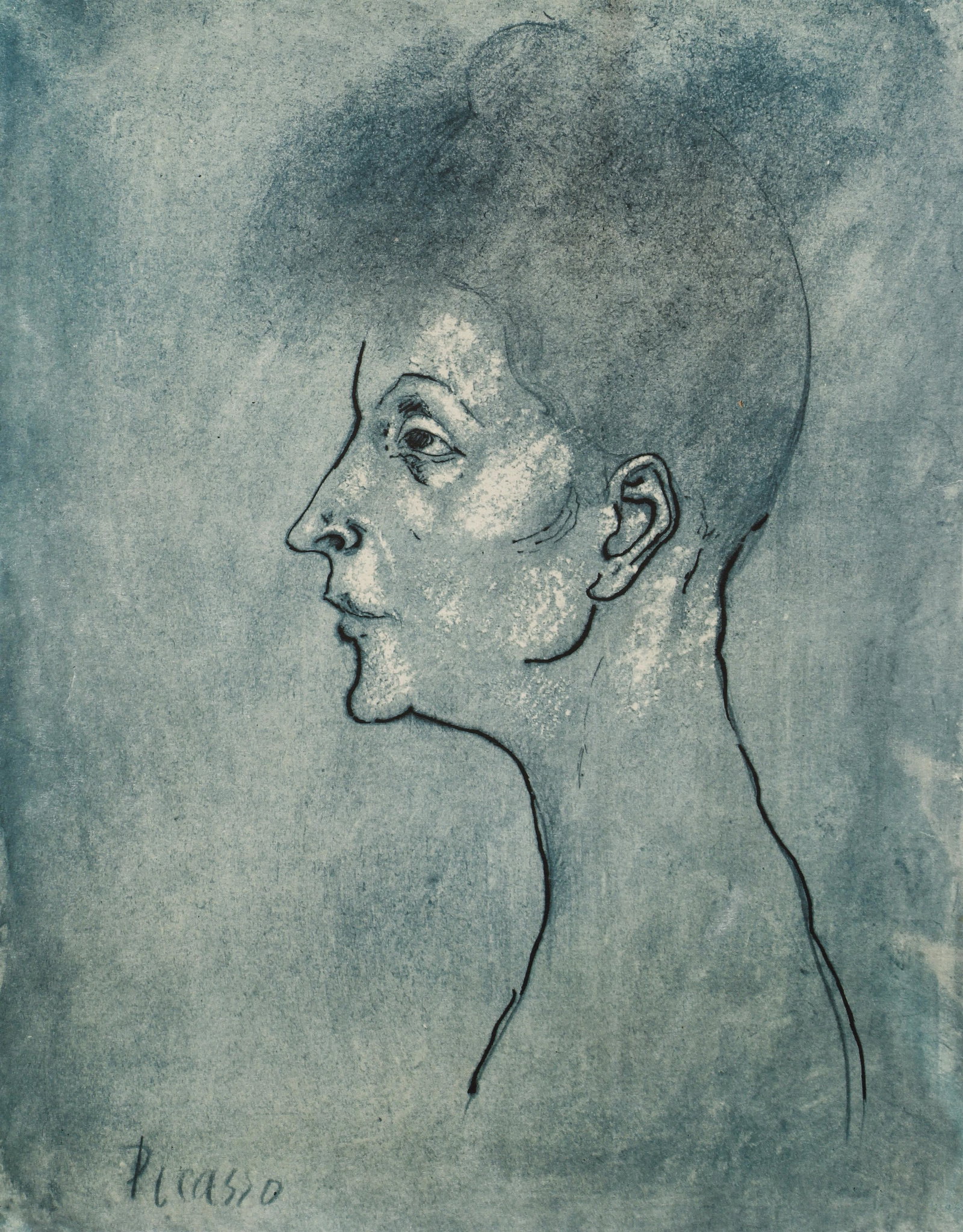 Pablo Picasso "Head of a Woman" lithograph pochoir: Picasso, After Pablo, Head of A Woman, offset lithograph with pochoir coloring (after the 1905 Picasso mixed media drawing). From the rare Picasso Fifteen Drawings portfolio, published in New York in 