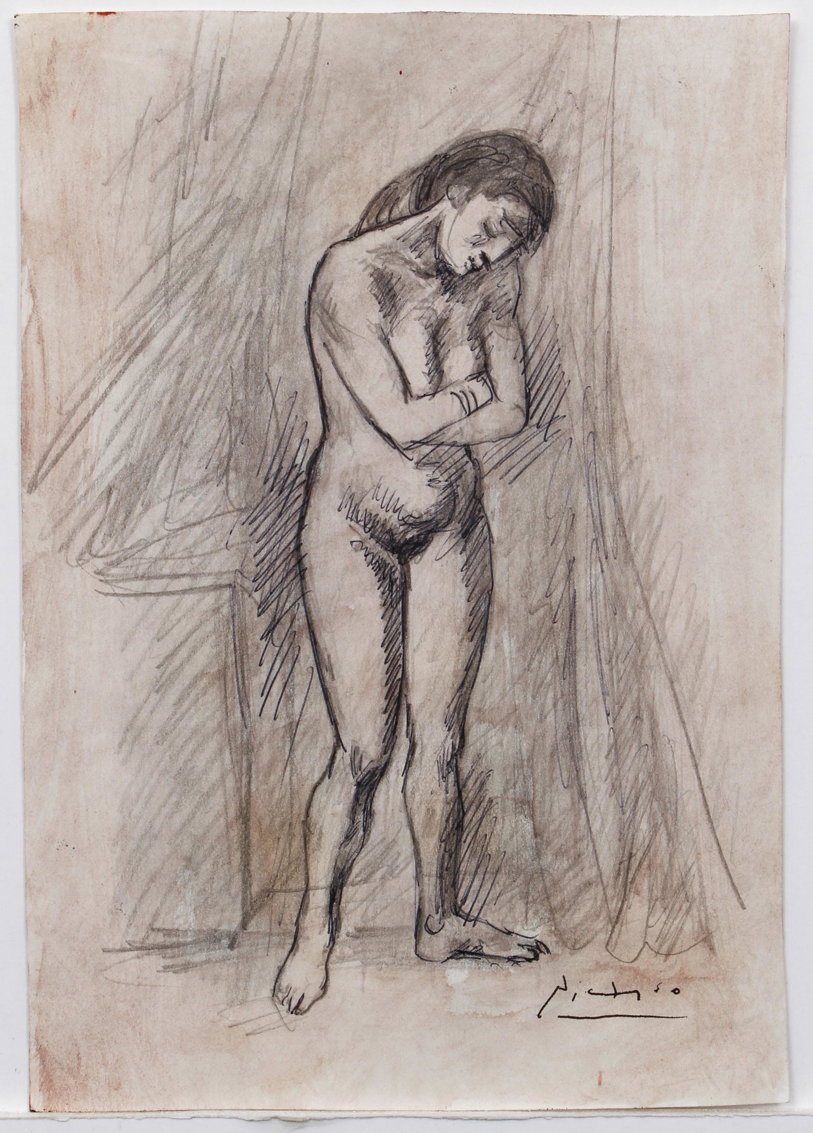 Follower of Picasso Standing Nude Drawing: Picasso, Follower of Pablo, Standing Nude, pencil and ink drawing, 8.75 x 6 inches, bears signature Picasso by an unknown hand lower right, unframed.