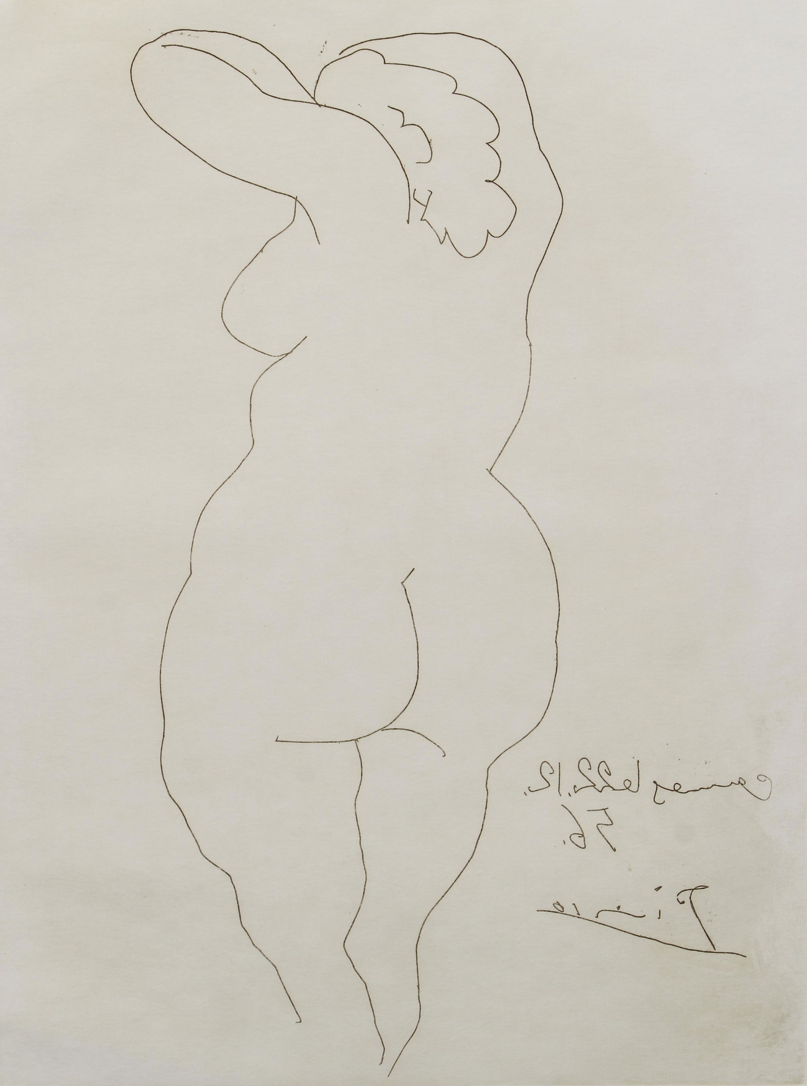 Picasso etching Femme Nude de Dos 1956: Picasso, Pablo (Spanish, 1881-1973), Femme Nude de dos (Bloch 822) (1956), etching on wove paper, 14.5 x 10.75 inches, signed and dated in the plate lower right and bears pencil signature lower right 