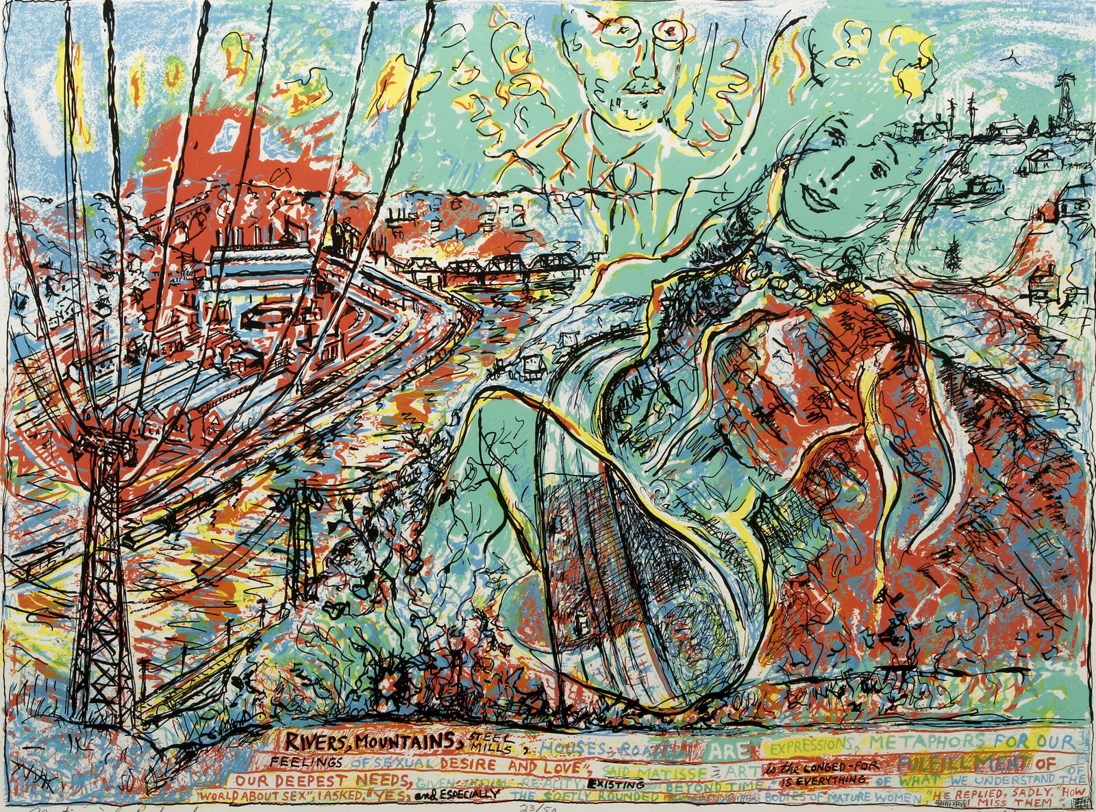 Robert Qualters Matisse a la Recherche print: Qualters, Robert (American/Western PA, b. 1934), Matisse a la Recherche, serigraph printed in colors, 21.5 x 29.5 inches, pencil signed, titled, and numbered 23/50 lower margin, framed in a black meta