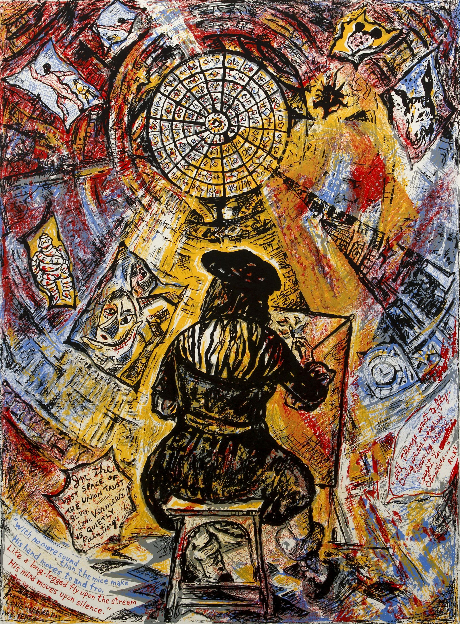 Robert Qualters Vermeer Painting print: Qualters, Robert (American/Western PA, b. 1934), Vermeer Painting, serigraph printed in colors, 29.5 x 21.5 inches, pencil signed, titled, and numbered 28/50 lower margin, framed in a black metal fram