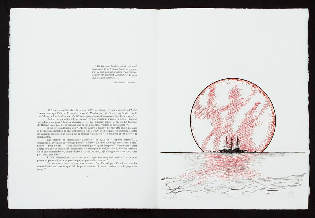 Man Ray Signed Litho Surrealist Boat and Moon: Ray, Man (pseud. of Emmanuel Radnitzky) (American/French, 1890-1976), Surrealist Composition with Boat and Moon, 1976, color litho, initialed lower right and numbered 24/100 in pencil, single page fol