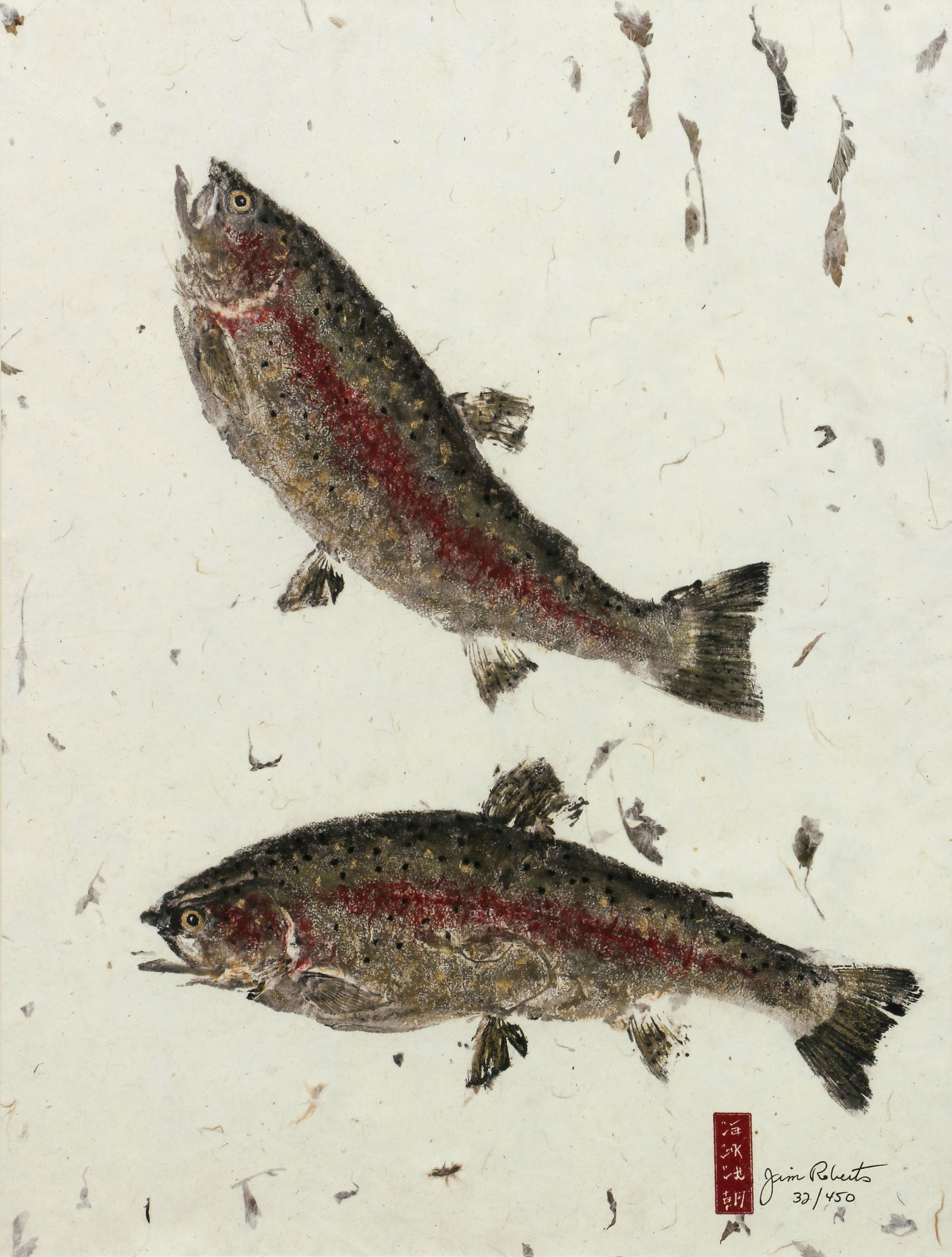 Jim Roberts Golden Rainbows Trout Gyotaku: Roberts, Jim (American/Florida, contemporary), Golden Rainbows, print on natural paper, signed and numbered 32/450 lower right, 21 x 15.5 inches, matted and framed 30.5 x 25 inches.