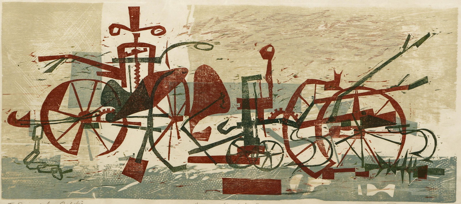 John Ross Farm Machinery 1951: Ross, John (American, 1921-2017), Farm Machinery, 1951, collagraph on paper, signed, dated, titled and inscribed 'To Ray and Ann Ophelia' in pencil at bottom, image 7.5 x 17 inches, matted but not fra