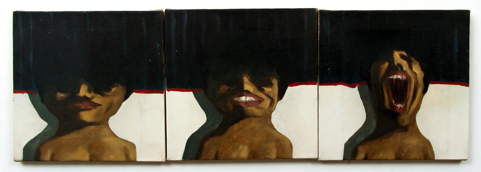 Bruce Samuelson triptych Three Heads: Samuelson, Bruce (Born 1946), Three Heads Triptych, 1968, oil on canvas, 12 x 12 inches, signed and dated on stretcher bar reverse of one of the panels,