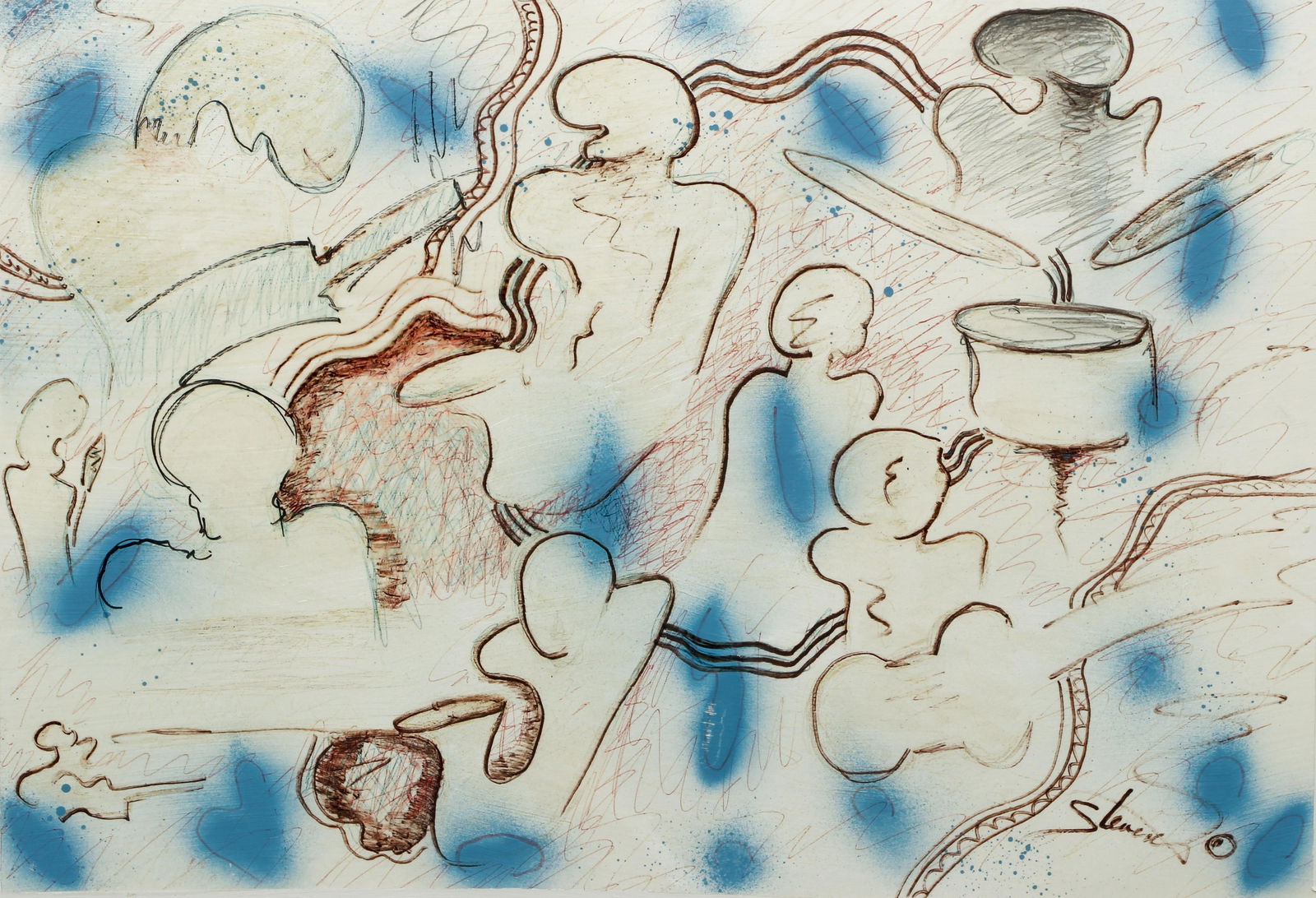 Stevens Musicians work on paper: Stevens, Possibly Nelson (American, b. 1938), Musicians, Gouache and ink on paper, 16 x 23.75 inches, signed Stevens lower right, framed in a wood frame measuring 24.5 x 31.5 inches