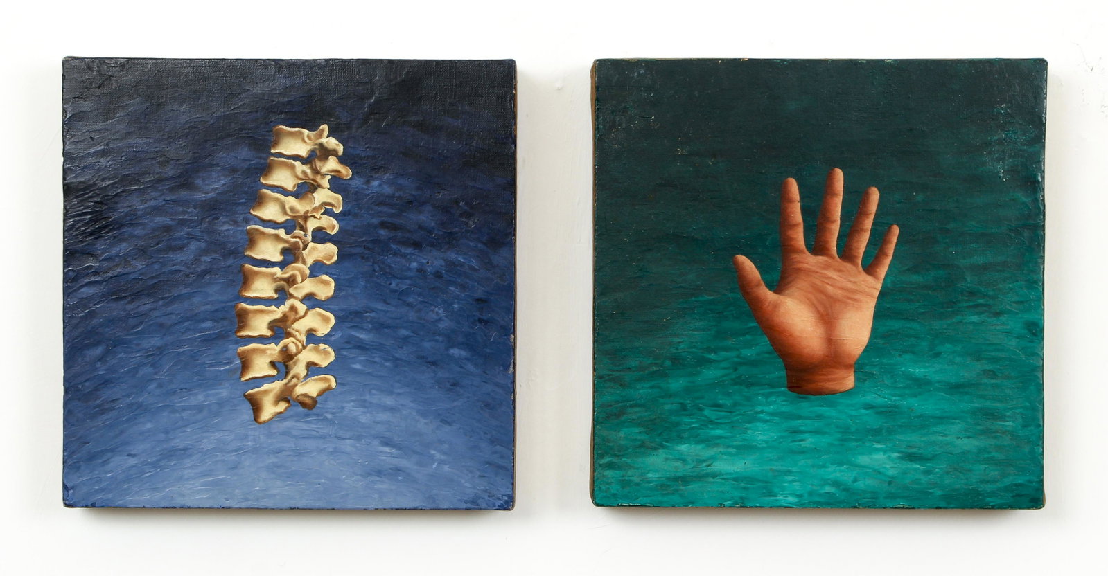 Vicki Teague-Cooper Pair Encaustic Paintings: Teague-Cooper, Vicki (American/Santa Fe, NM, contemporary), Pair of Paintings: Anima Mundi: Guide [Hand] and Anima Mundi: Primordium [Bone], 1992, encaustic, oil, on linen canvas over wood panel, sign