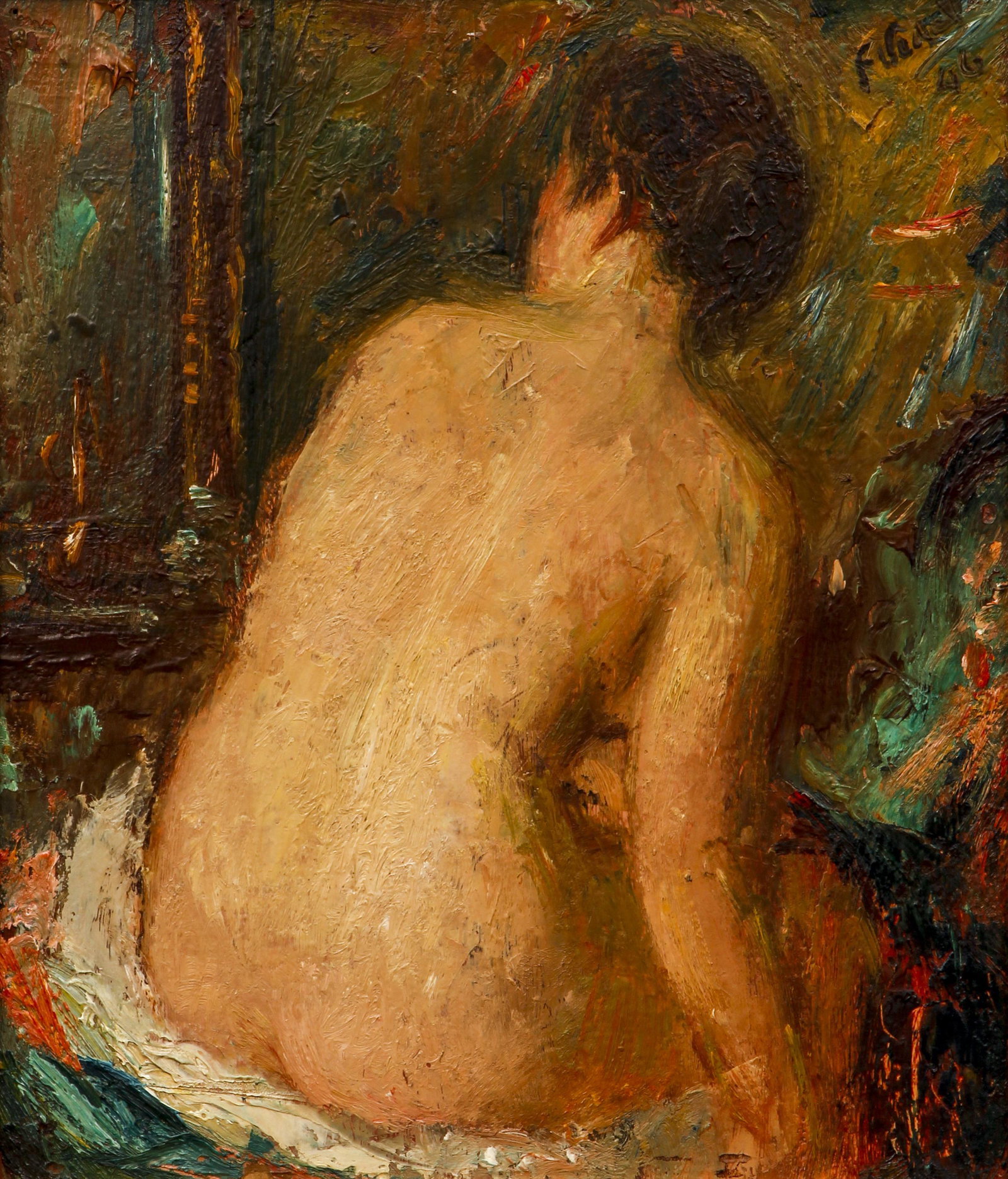 Francisco Vidal Female Nude Oil Argentina: Vidal, Francisco (Argentinian, 1898-1980), Desnudo de Espaldas [Nude from the Back], 1946, oil on board, signed and dated upper right, 9 x 8 inches, framed 22.5 x 21.5 inches. Provenance: purchased by