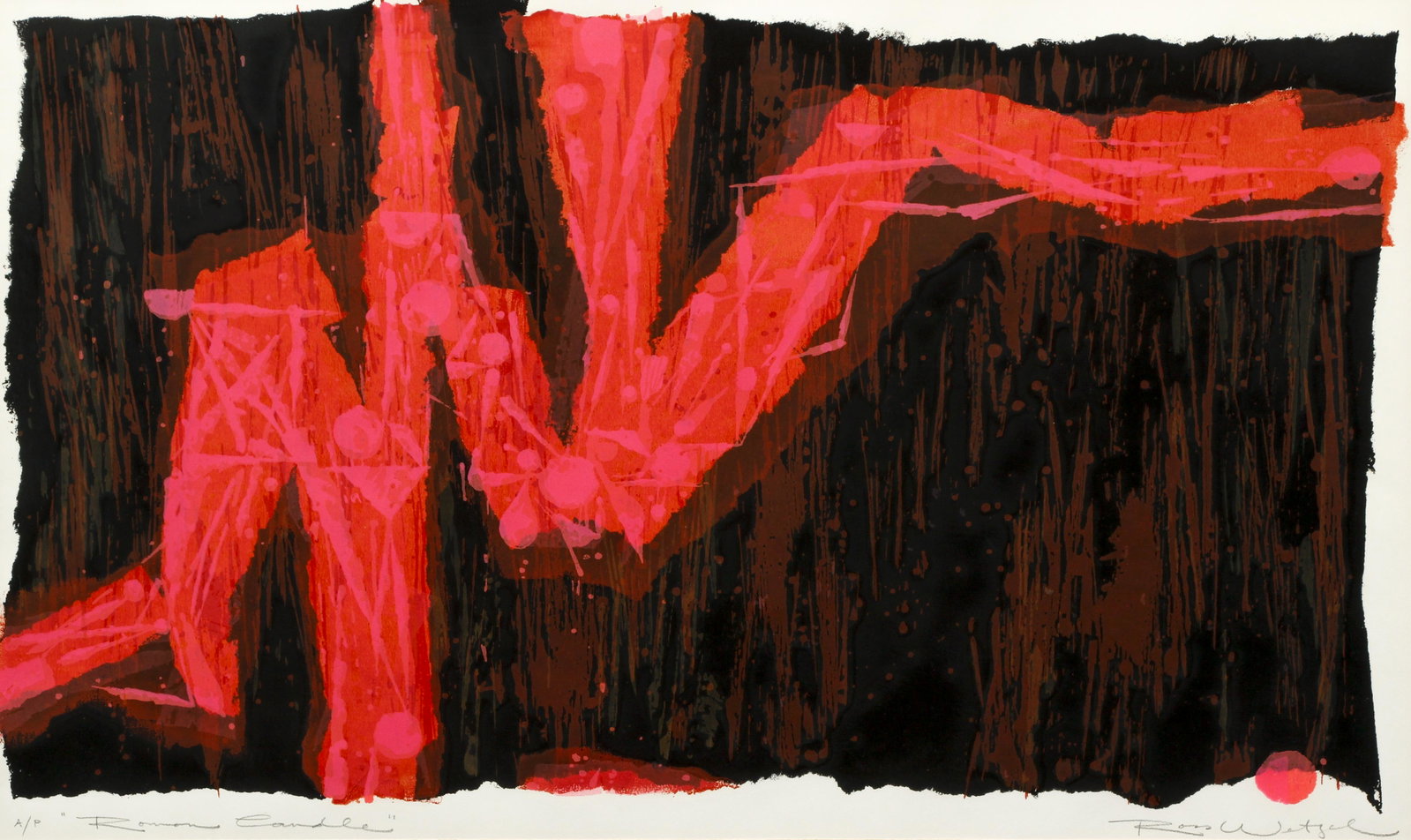 Ross Wetzel Roman Candle print: Wetzel, Ross (American, 1917-2013), Roman Candle, screenprint, 14 x 24.5 inches, pencil signed, titled, and marked A/P lower margin, framed in a silver metal frame measuring 20 x 30 inches.