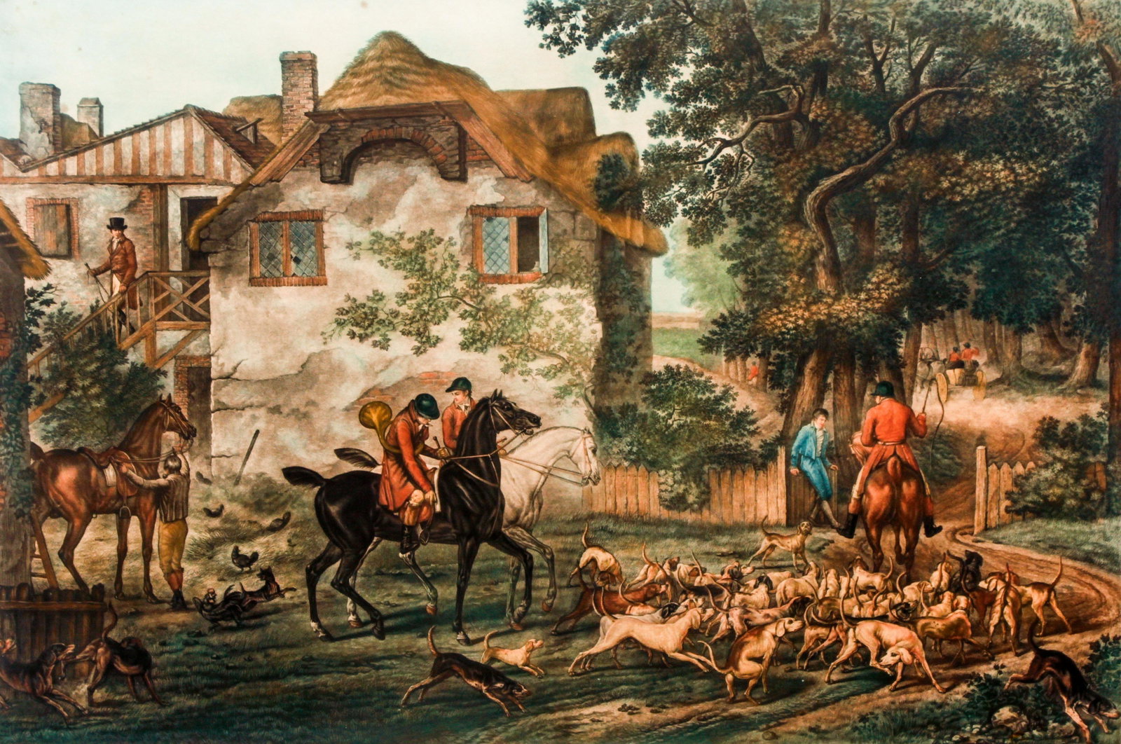 Carle Vernet framed hand colored Hunt engraving: Vernet, Carle (FRENCH 1758-1836), LE DEPART POUR LA CHASSE, hand colored engraving, 24 x 35.5 inches, framed with a period maple wood frame measuring 28 x 40 inches.