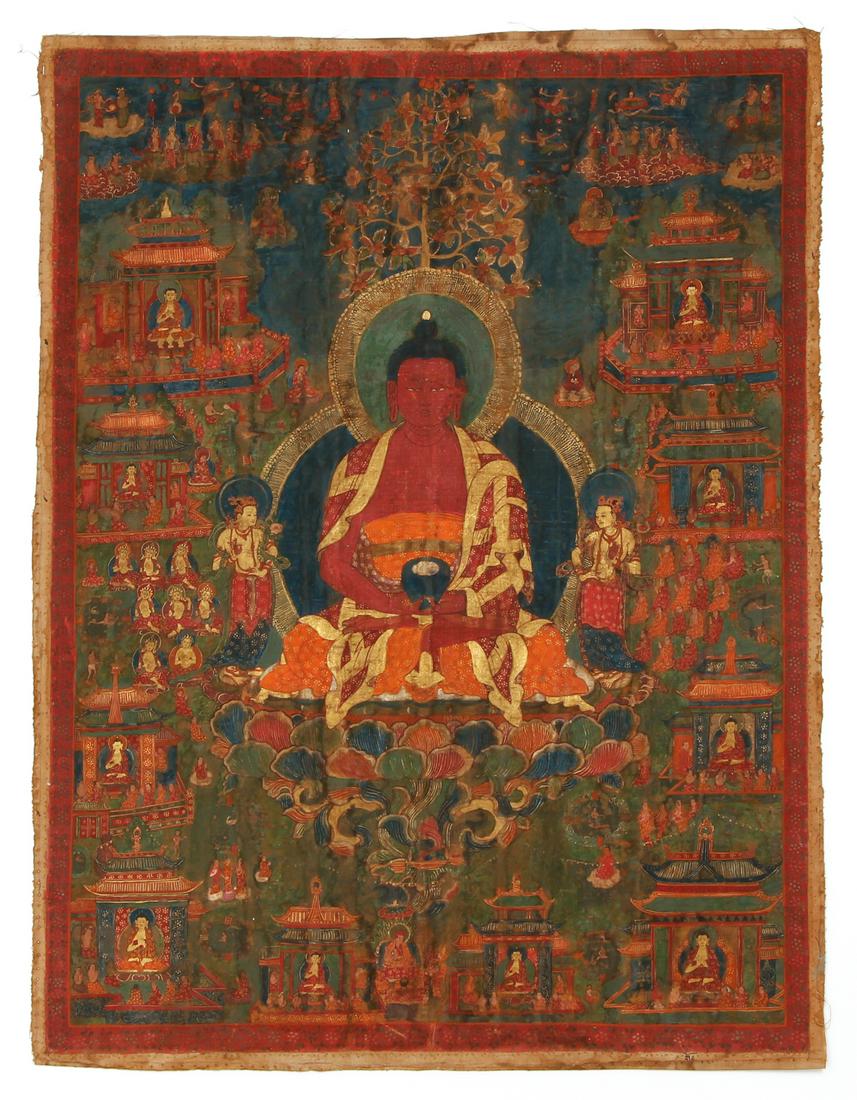 Tibetan Thangka Amitabha in Paradise: Thangka of Amitabha in Paradise, Tibet, c.16th century, gouache on cotton with extensive gilt accents, 27 x 20 inches, unframed, central figure in red with flowing robes, blue aureole, atop lotus base
