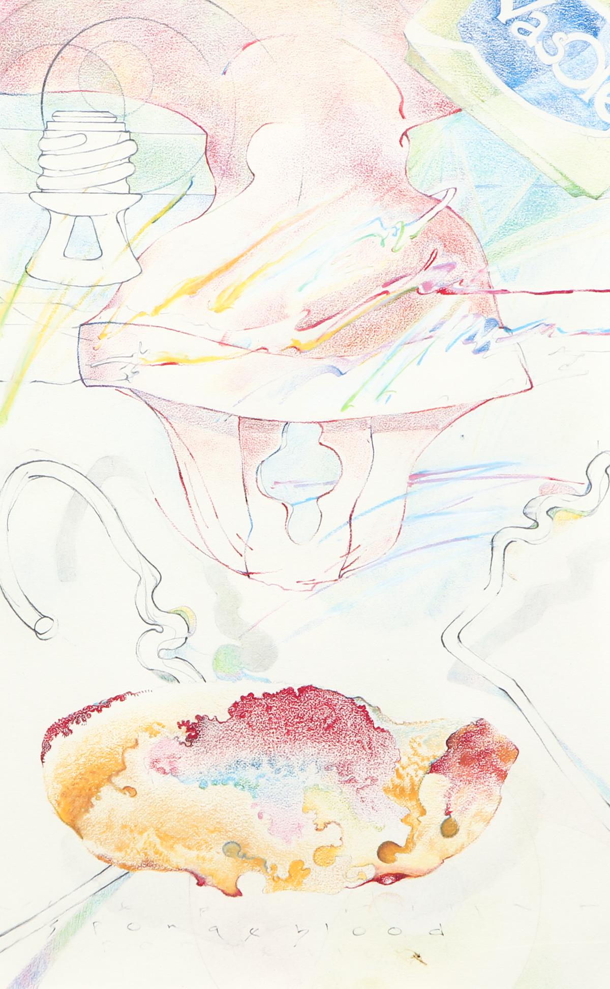 Mixed Media Abstract Female Reproductive Theme: 20th century American Abstract School, Depiction of Female themes with female reproductive system and sponge, titled 'Sponge Blood - No Chance,' 20th century, mixed media on paper, signed and titled i