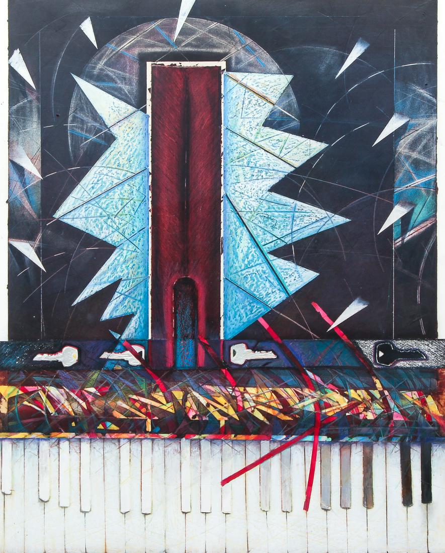 20th century Mixed Media Geometric Abstraction: 20th century American Abstract school, Tower Keys Piano, late 20th century, mixed media with some elements of collage on Strathmore paper, unsigned, 29 x 23 inches in a thin wooden frame measuring 37.