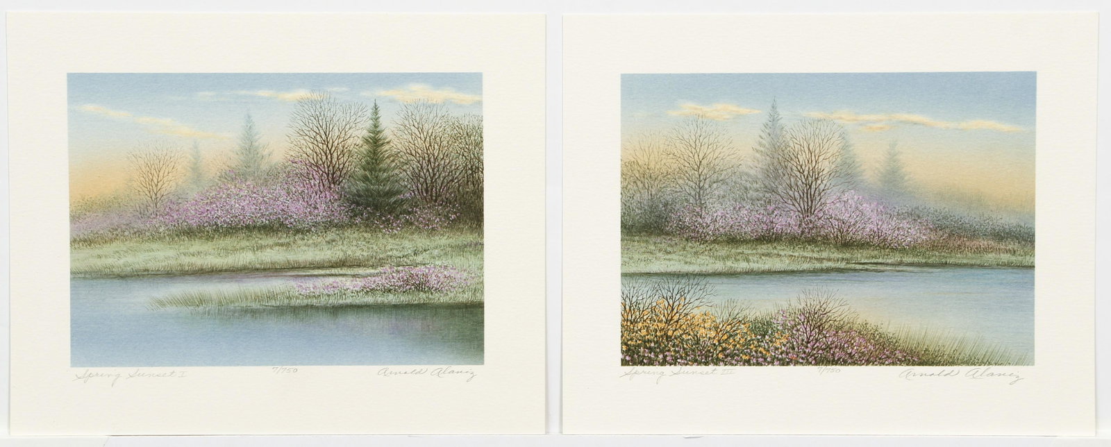Pair Arnold Alaniz Signed Color Lithographs: Alaniz, Arnold (American, contemporary), Pair of prints: Spring Sunset I and Spring Sunset III, undated, color lithographs on paper, both signed, titled and numbered 7/10 in pencil at bottom, images 5