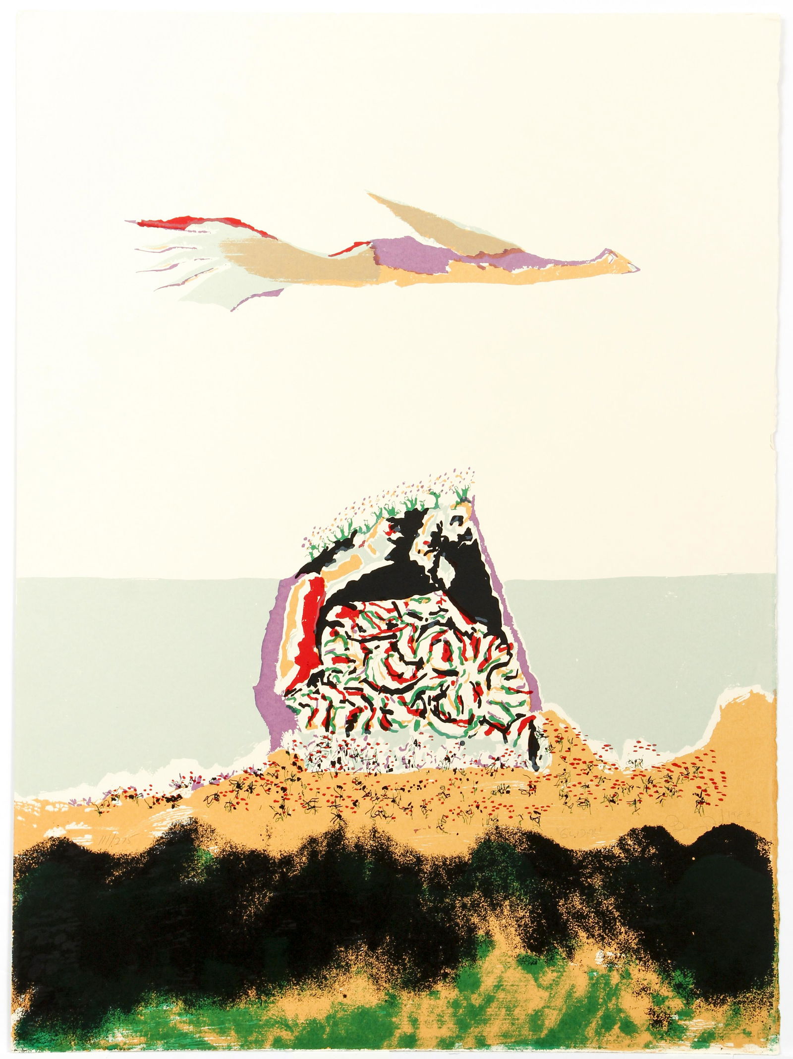 Benny Andrews Glider Signed Orig lithograph 1980: Andrews, Benny (African-American, 1930-2006), Glider, 1980, lithograph printed in colors on BFK Rives paper, pencil signed, titled, dated and numbered 111/275, full sheet 30 x 22 inches, unframed.