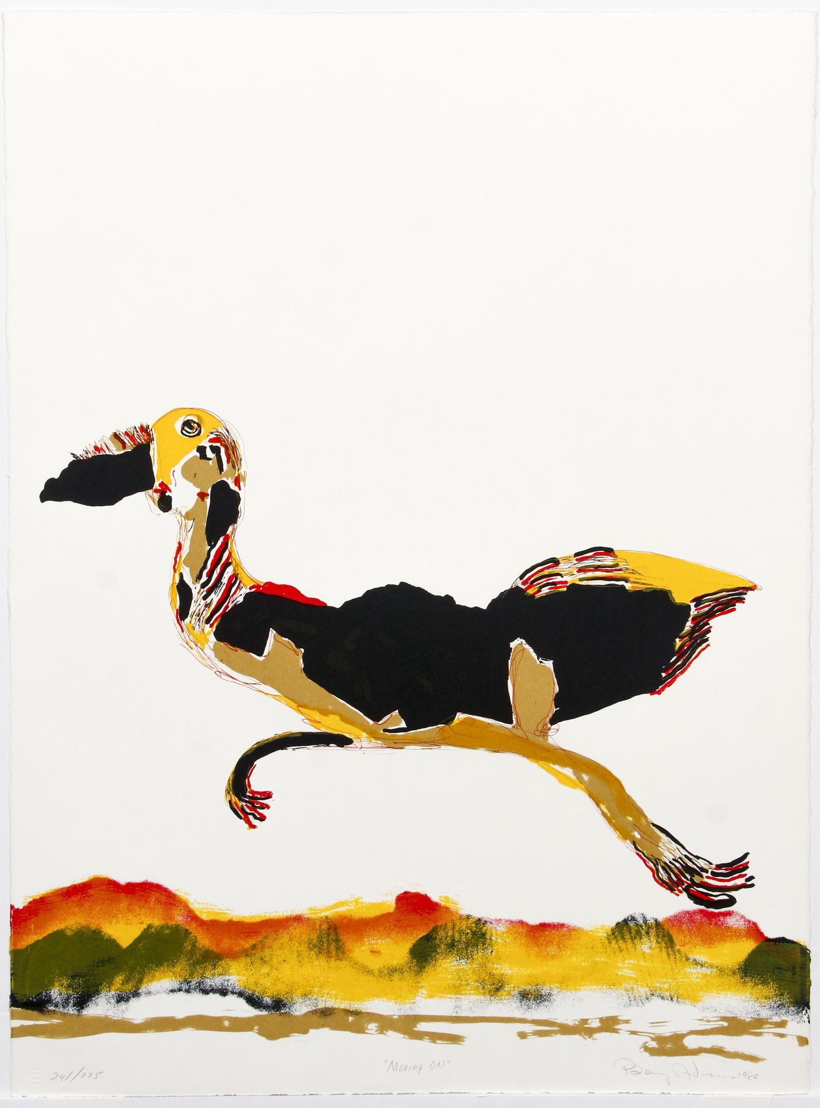 Benny Andrews Moving On Signed Orig lithograph 1980: Andrews, Benny (African-American, 1930-2006), Moving On, 1980, lithograph printed in colors on BFK Rives paper, pencil signed and numbered 241/275, full sheet 30 x 22 inches, unframed.