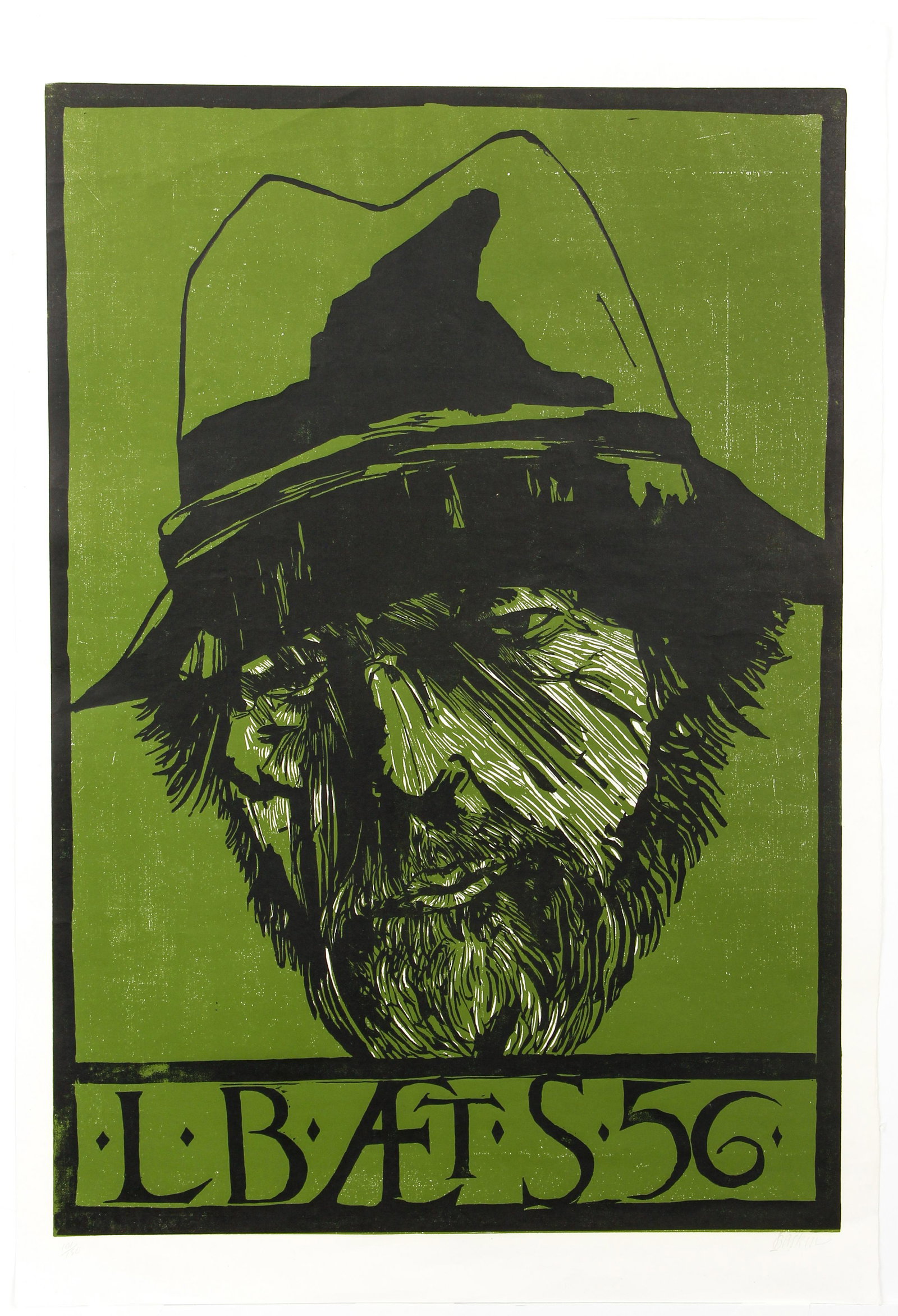Leonard Baskin Self Portrait at 56 Signed Woodcut in: Baskin, Leonard (American, 1922-2000), LB AET S 56 [Self Portrait at 56], c.1978, woodcut in green and black on laid paper, signed and numbered 101/150 in pencil at bottom, full sheet 35.5 x 24 inches