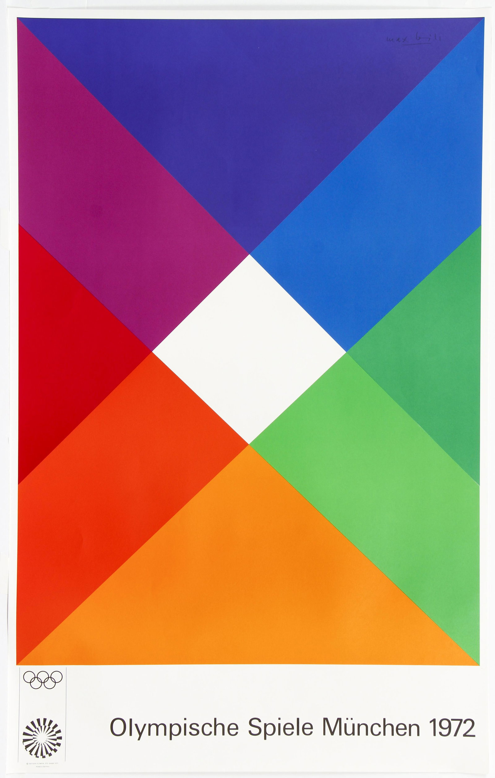 Max Bill 1972 Munich Olympics Poster: Bill, after Max (Swiss, 1908-1994), Olympische Spiele Munchen [Munich Olympic Games] Poster, 1972, color litho on paper, printed in Germany by Edition Olympia, full sheet 39.75 x 25 inches, unframed.