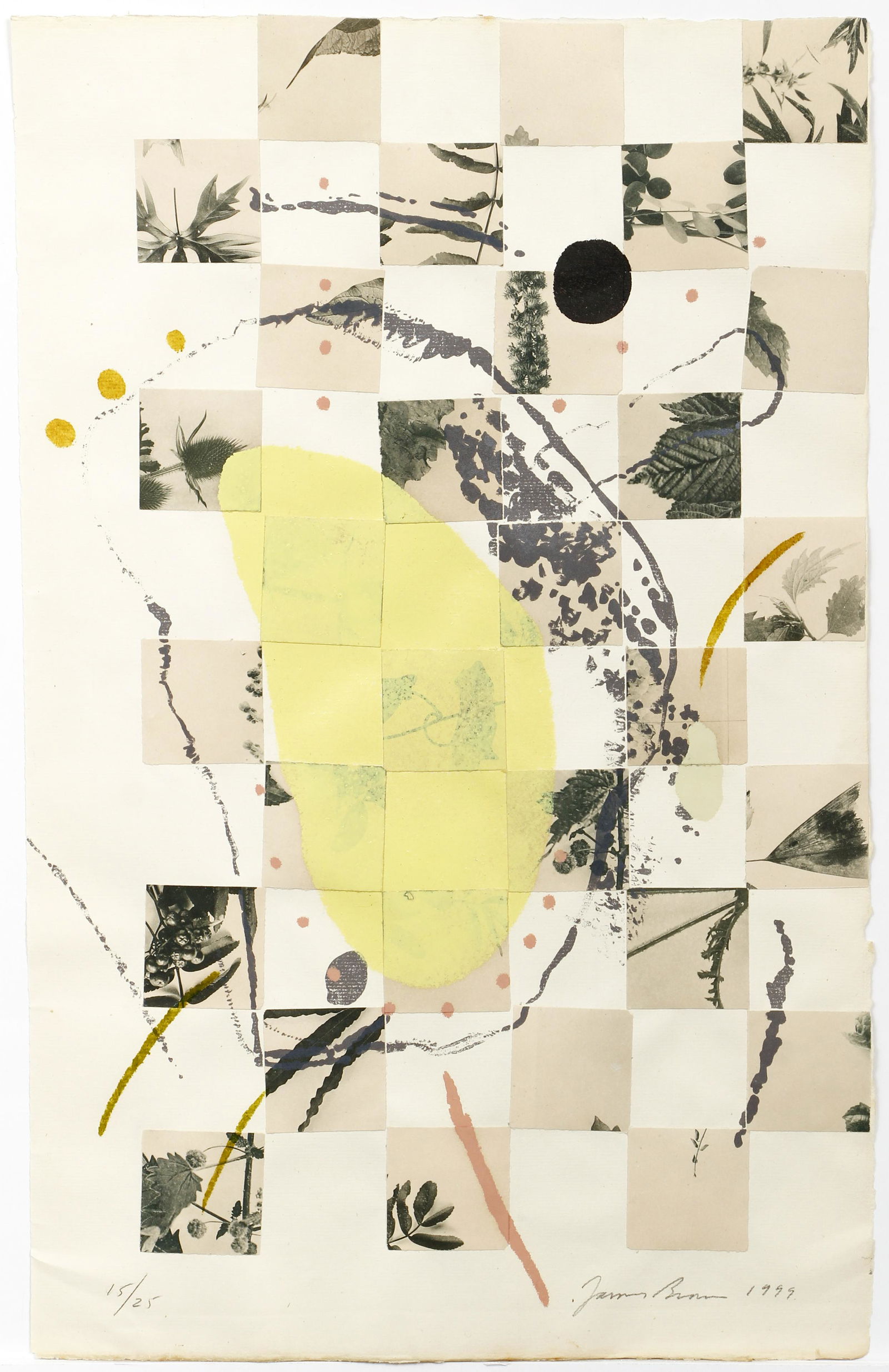 James Brown Mixed Media Monoprint 1999 Signed: Brown, James (American, 1951-2020), Untitled Abstract, 1999, mixed media monoprint with collage on laid paper, signed and numbered 15/25 in pencil, full sheet 17 x 10.75 inches, unframed.