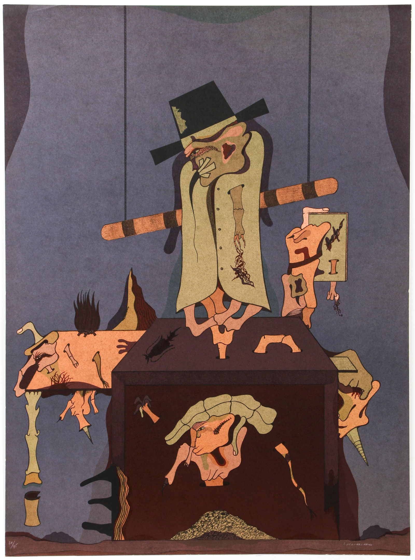 Jorge Camacho Signed Surrealist Litho from Cenizas: Camacho, Jorge (Cuban, 1934-2011), Surrealist print from the Cenizas [Ashes] portfolio, 1974, color lithograph on Guarro paper, signed and numbered 64/75 in white pencil at bottom, printed to the edge