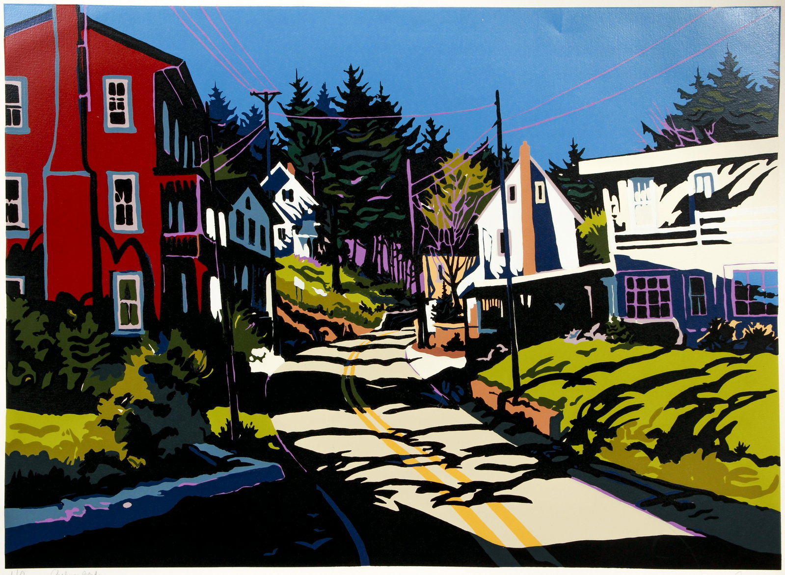Jon Carsman Shadowy Bend Signed Screenprint: Carsman, Jon (American, 1944-1987), Shadowy Bend, c.1980s, screenprint in colors, signed, titled and marked HC in pencil at bottom, image 24 x 33 inches, full sheet 29.5 x 37 inches, unframed.