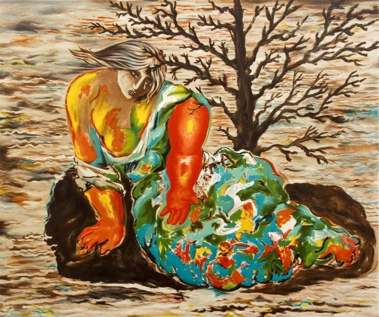 Sandro Chia Crying Woman Large Signed Litho: Chia, Sandro (Italian, b.1946), Crying Woman, c.1980s, color lithograph on paper, signed and numbered 40/75 in pencil at bottom, image measures 35.5 x 42.5 inches, full sheet 38.5 x 44.75 inches, unfr