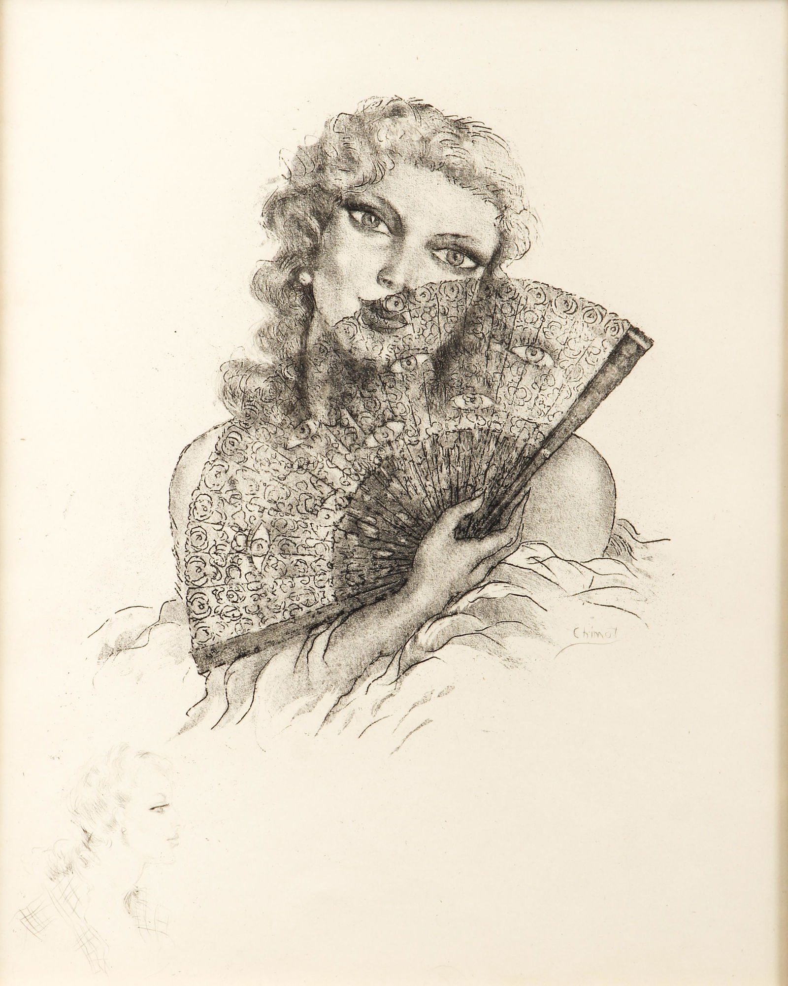 Pair Edouard Chimot Prints with Original Drawings: Chimot, Edouard (French, 1880-1959), Pair of Female Portraits with original drawings, undated, the larger image in each is a restriked etching, but the smaller images in the corners are original ink d