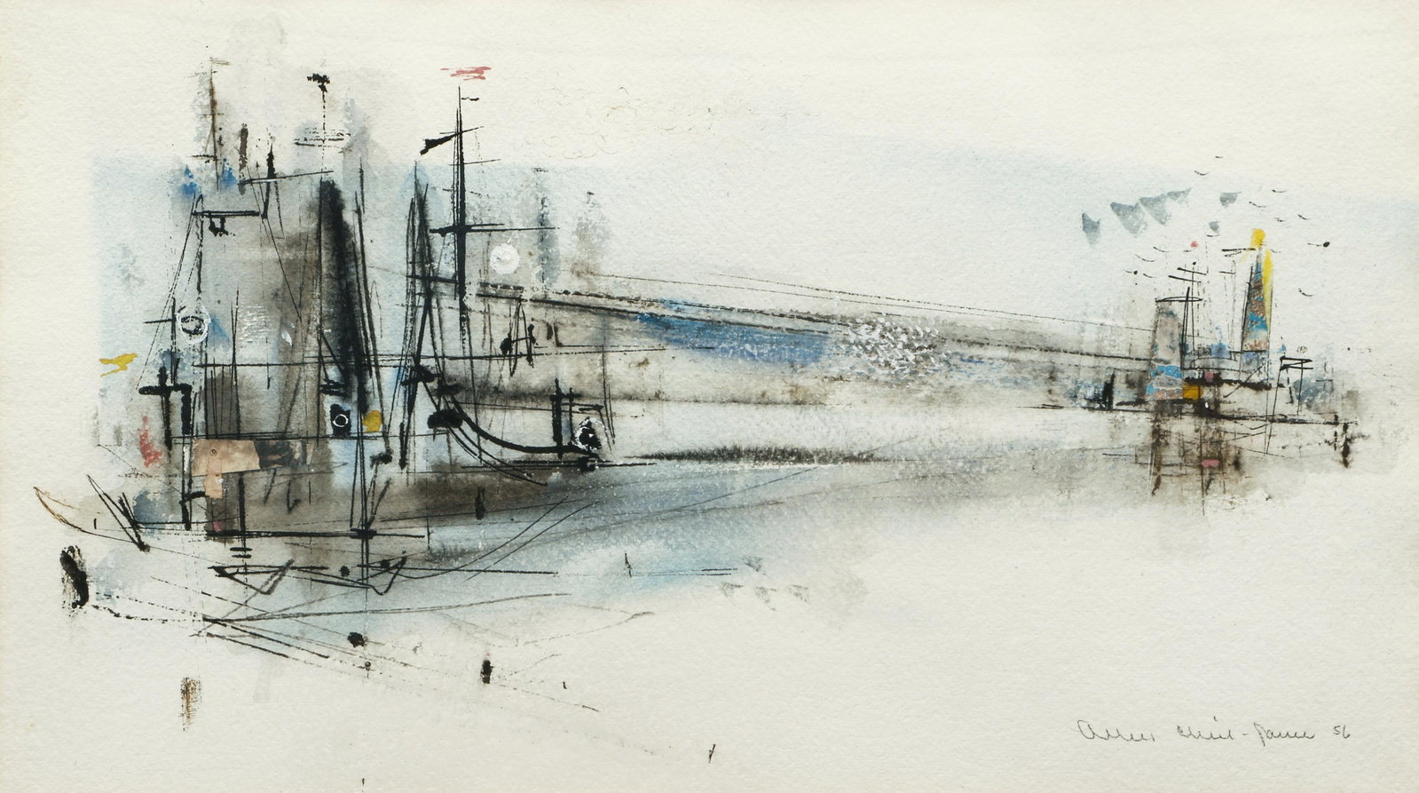 Albert Christ-Janer Mid Century Harbor Scene 1956: Christ-Janer, Albert William (American, 1910-1973), Modernist Harbor Scene, 1956, watercolor and mixed media on paper, signed and dated lower right, 11.5 x 20.5 inches, matted and framed 19.5 x 28 inc