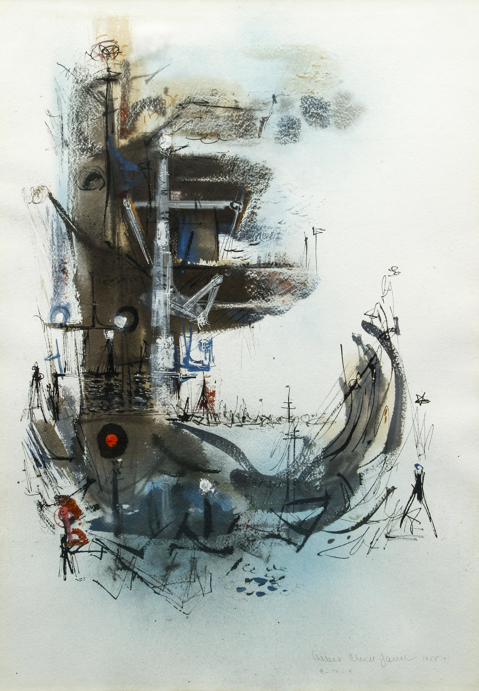 Albert Christ-Janer Mid Century Sailboat 1956: Christ-Janer, Albert William (American, 1910-1973), Modernist Sailboat in the Marina, 1955-7, watercolor and mixed media on paper, signed and dated lower right, 29 x 20 inches, matted and framed 39 x 