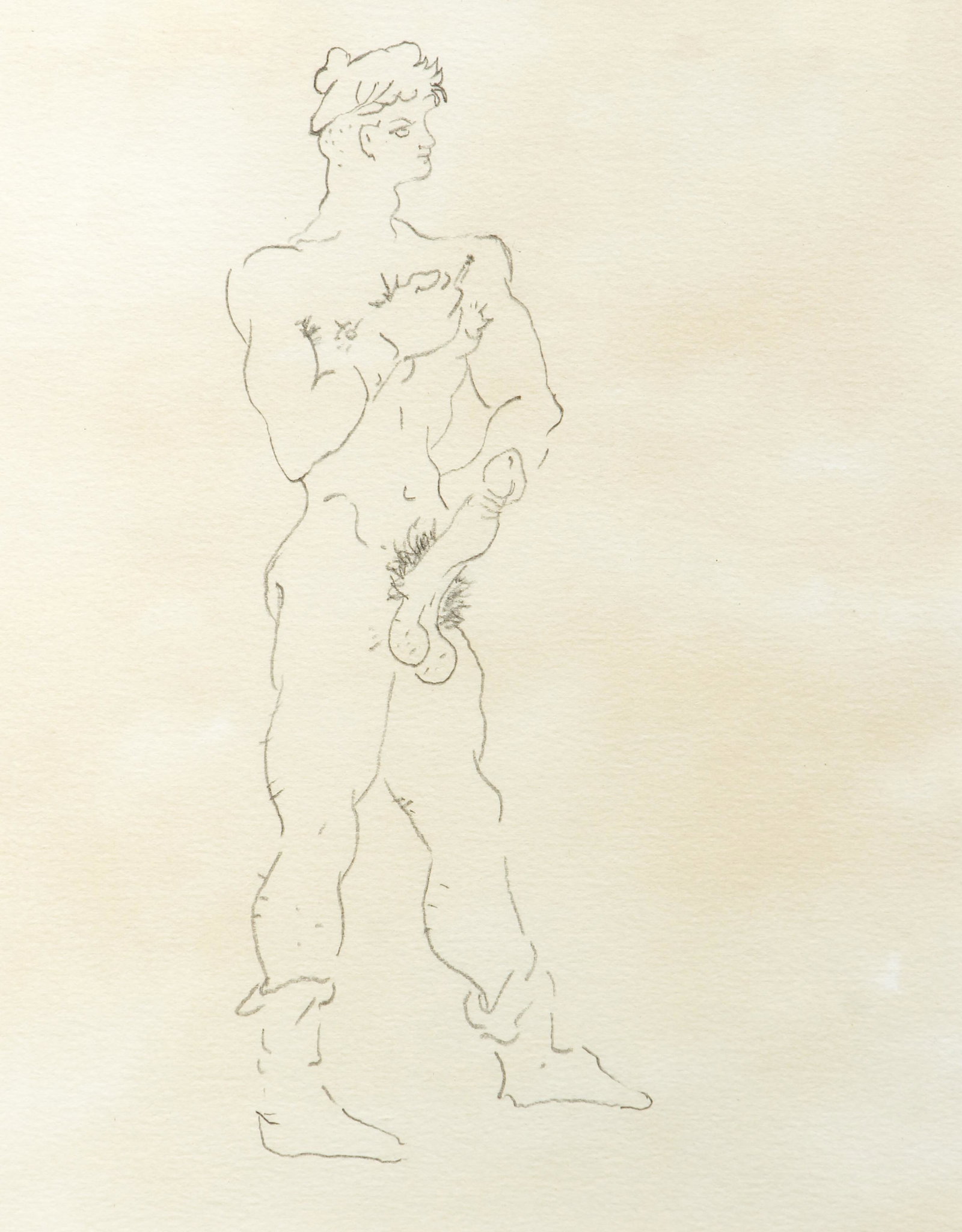 Attrib Jean Cocteau Erotic Drawing Male Nude: Cocteau, attributed to Jean (French, 1889-1963), Erotic Male Nude, c. 1940s-1950s, pencil on paper, unsigned, site 9.25 x 7.5 inches, matted and framed 15.5 x 12.5 inches.