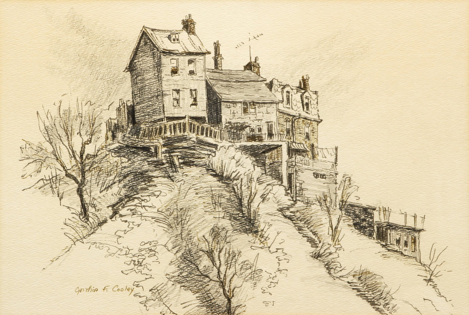 Cynthia Cooley Pencil Drawing Pittsburgh Houses: Cooley, Cynthia (American/Pittsburgh, contemporary), Pittsburgh Houses, undated, pencil on paper, signed lower left, 9.25 x 14 inches, matted and framed 16 x 20 inches.