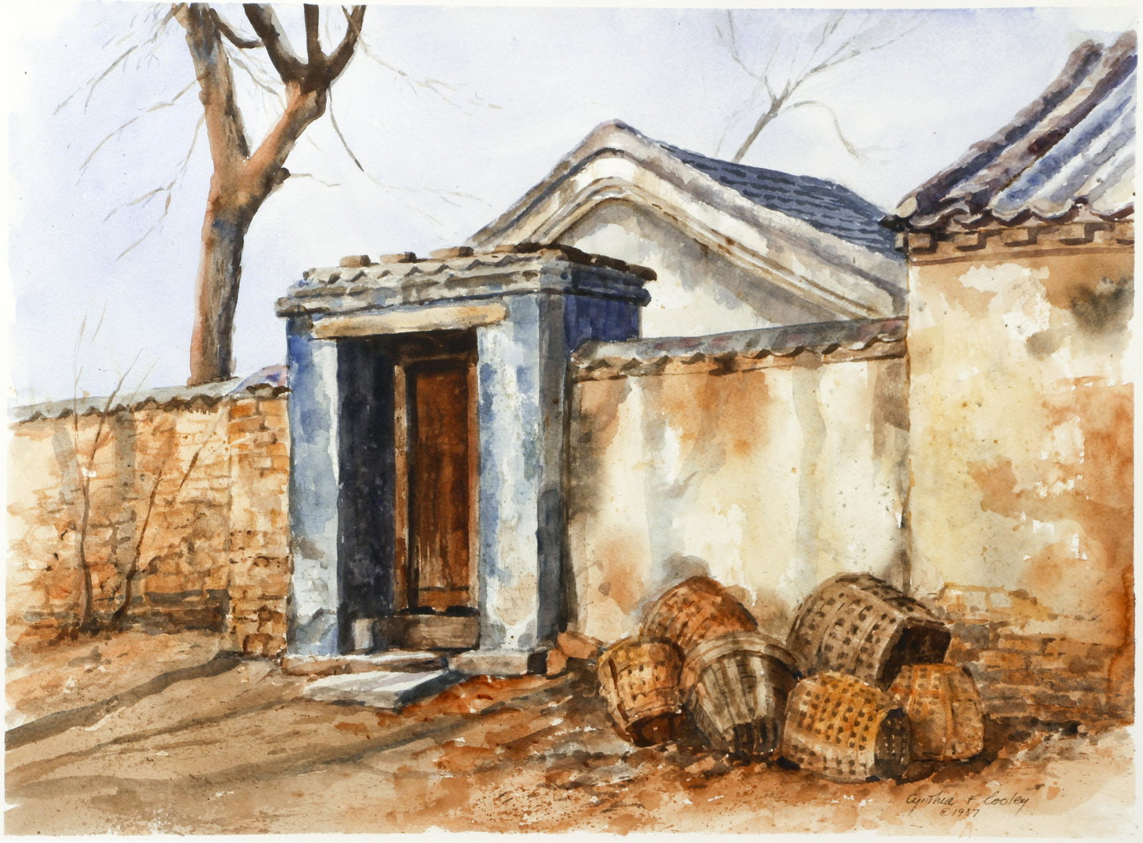 Cynthia Cooley watercolor Old Beijing: Cooley, Cynthia V. (American/Pittsburgh, b. 1931), Old Beijing, 1987, watercolor, 13.5 x 18.25 inches, signed, dated, and copyrighted lower right, Provenance: Bird in The Hand Gallery, Sewickley Pa., 