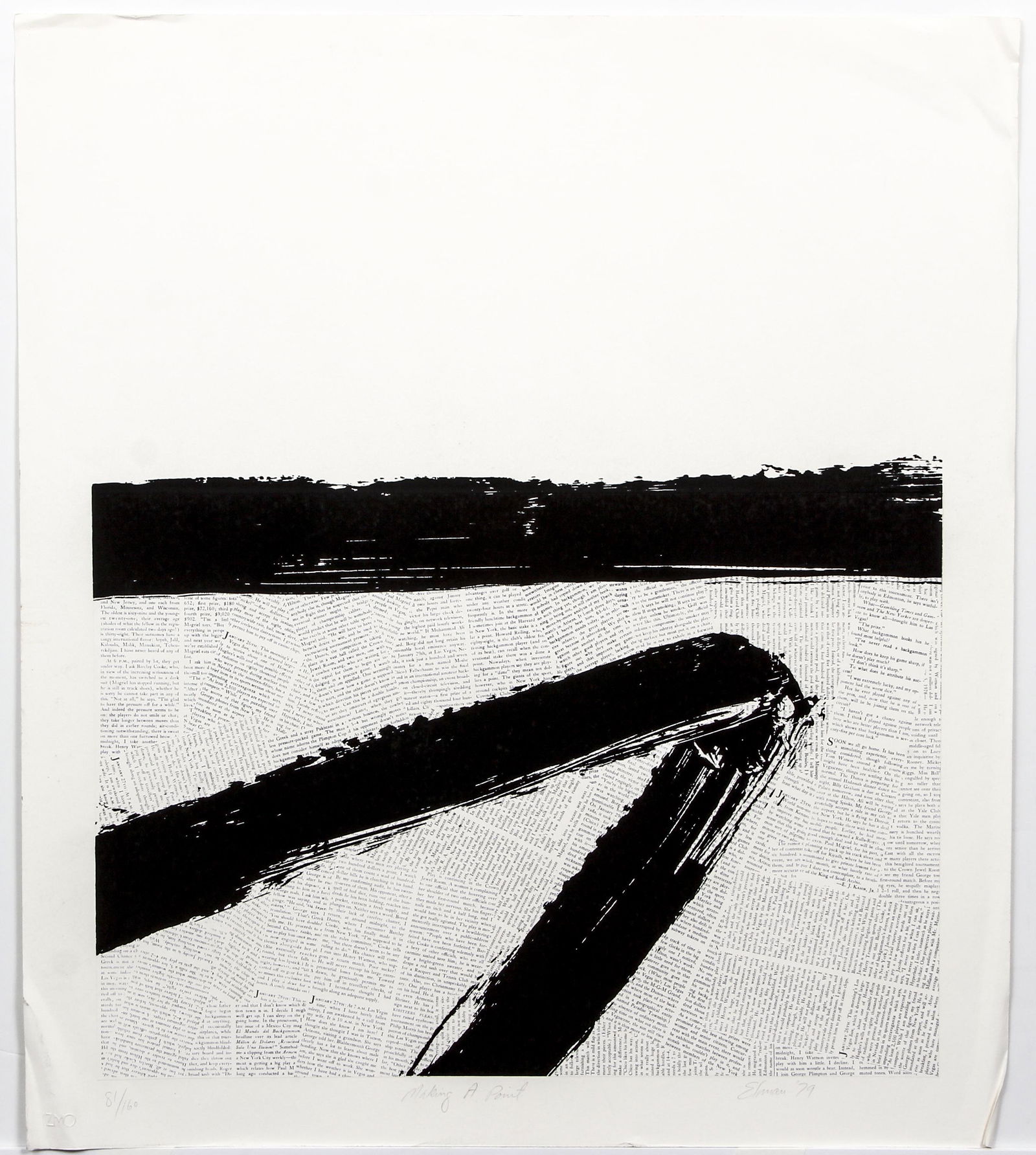 Ray Elman Making a Point Serigraph and Collage Signed: Elman, Ray (American, b.1955), Making a Point, 1979, serigraph with printed paper collage, signed, dated, titled and numbered 81/160 in pencil at bottom, full sheet 32 x 28 inches, unframed.