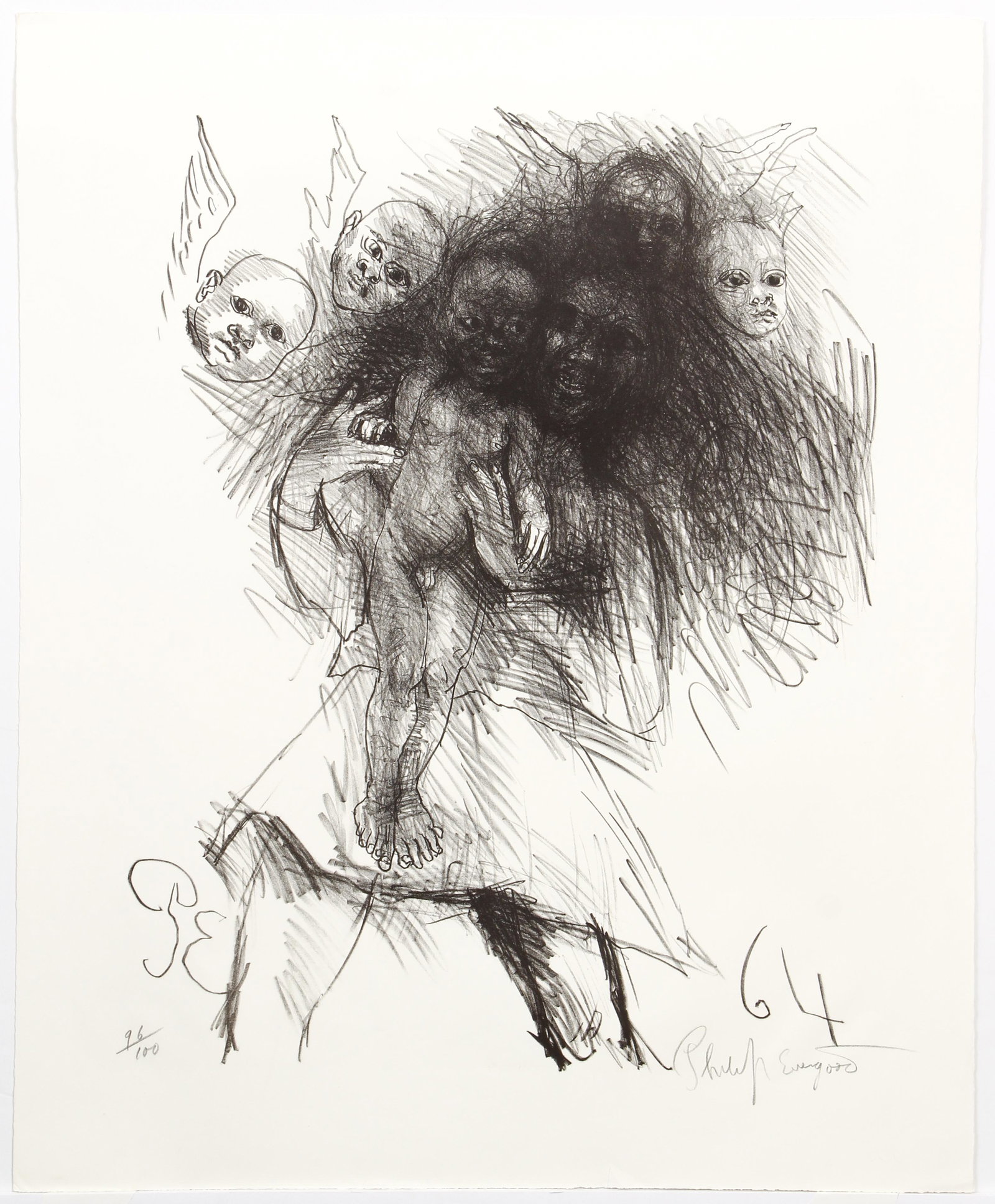 Philip Evergood Everybody's Christmas Lithograph Signed: Evergood, Philip (American 1901-1973), Everybody's Christmas, c.1964, lithograph, pencil signed and numbered 96/100, titled in pencil on reverse, image size 22.5 x 18 inches, full sheet 27.5 x 22.75 i