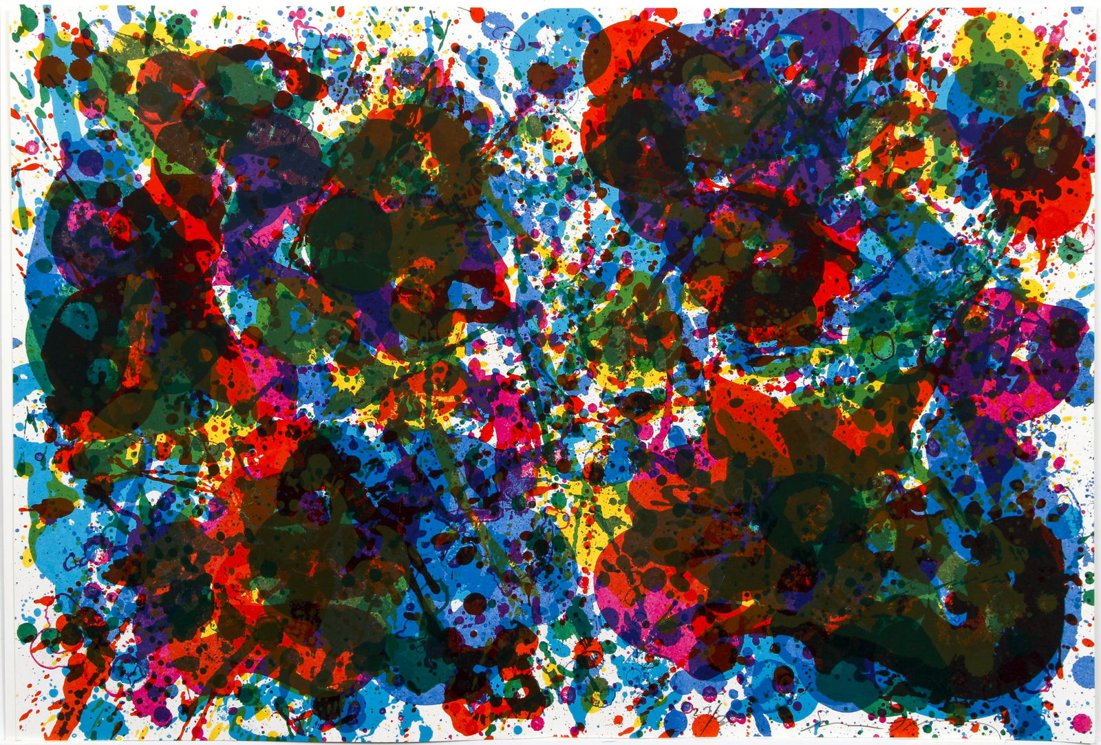 Sam Francis Original Fresh Air Litho Signed 1/30: Francis, Sam (American, 1923-1994), Untitled Abstract for Fresh Air School Exhibit, 1972, lithograph in colors, signed and numbered 27/30 in pencil at lower right, 15 x 22 inches, folded once vertical