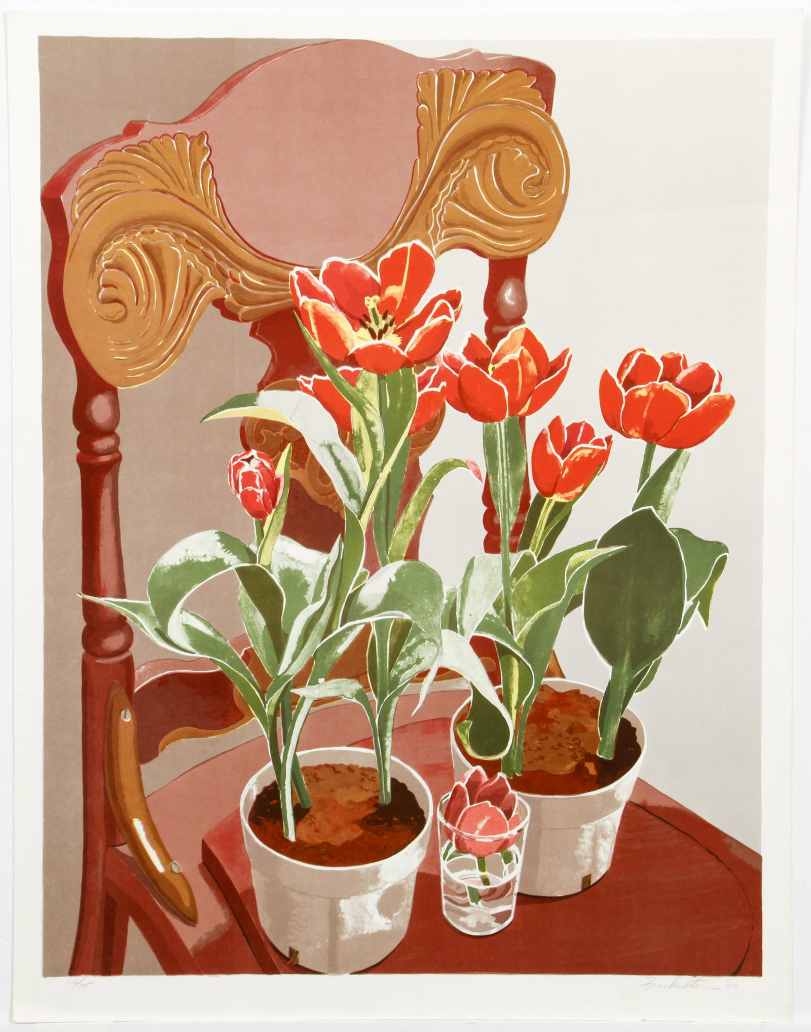 Sondra Freckelton Tulips Signed Color Litho 1977: Freckelton, Sondra (American, b.1936), Red Tulips, 1977, color lithograph on paper, signed, dated and numbered 66/75 in pencil at bottom, blindstamp lower right corner, full sheet 28 x 21.5 inches, un