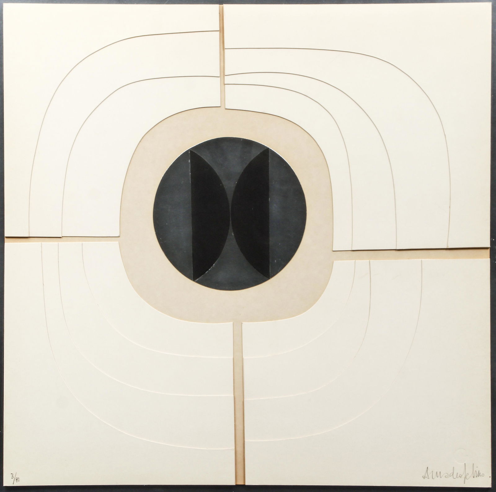 Amadeo Gabino Collage Multiple Signed: Gabino, Amadeo (Spanish, 1922-2004), Untitled Quadrants, c.late 1960s or early 1970s, collage multiple mounted to silver board, signed and numbered 3/80 in pencil at bottom, artist's blindstamp lower